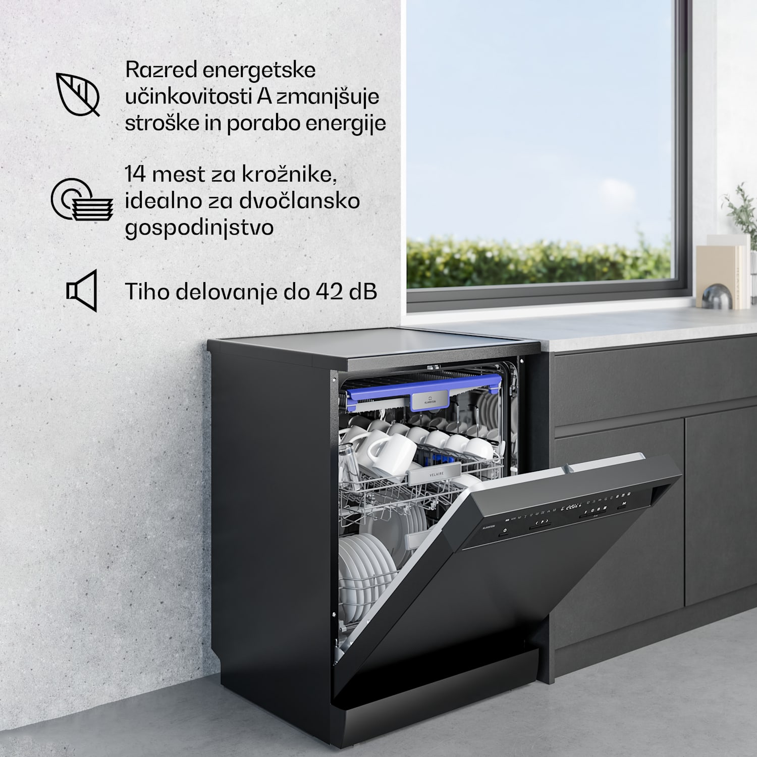 Velaire prostostoječi pomivalni stroj | Minimalističen, kompakten, učinkovit | EEC A | 60 cm samostojni | 60 cm