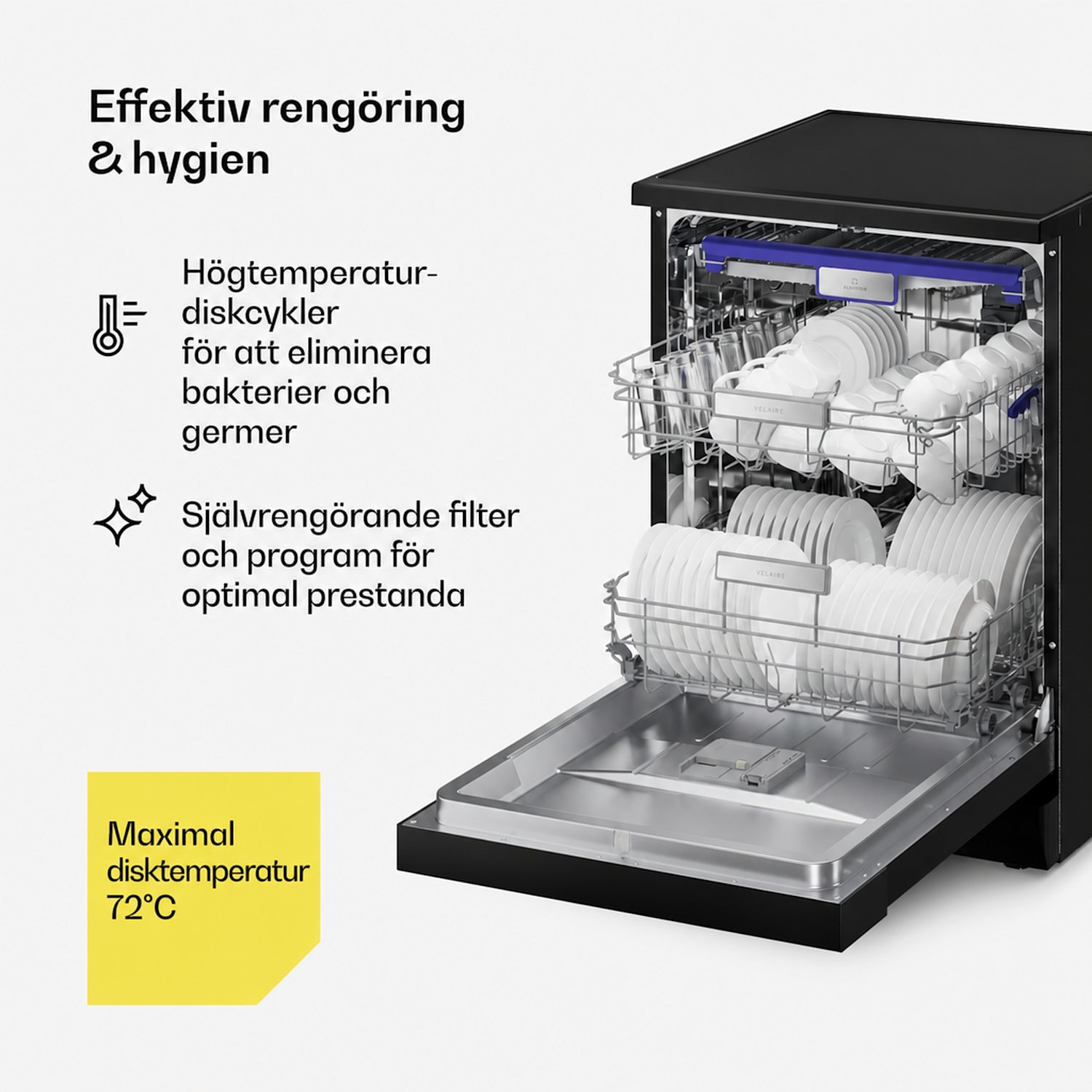 Velaire Fristående Diskmaskin | Minimalistisk, Elegant, Kraftfull | EEK A | 60 cm samostatný | 60 cm