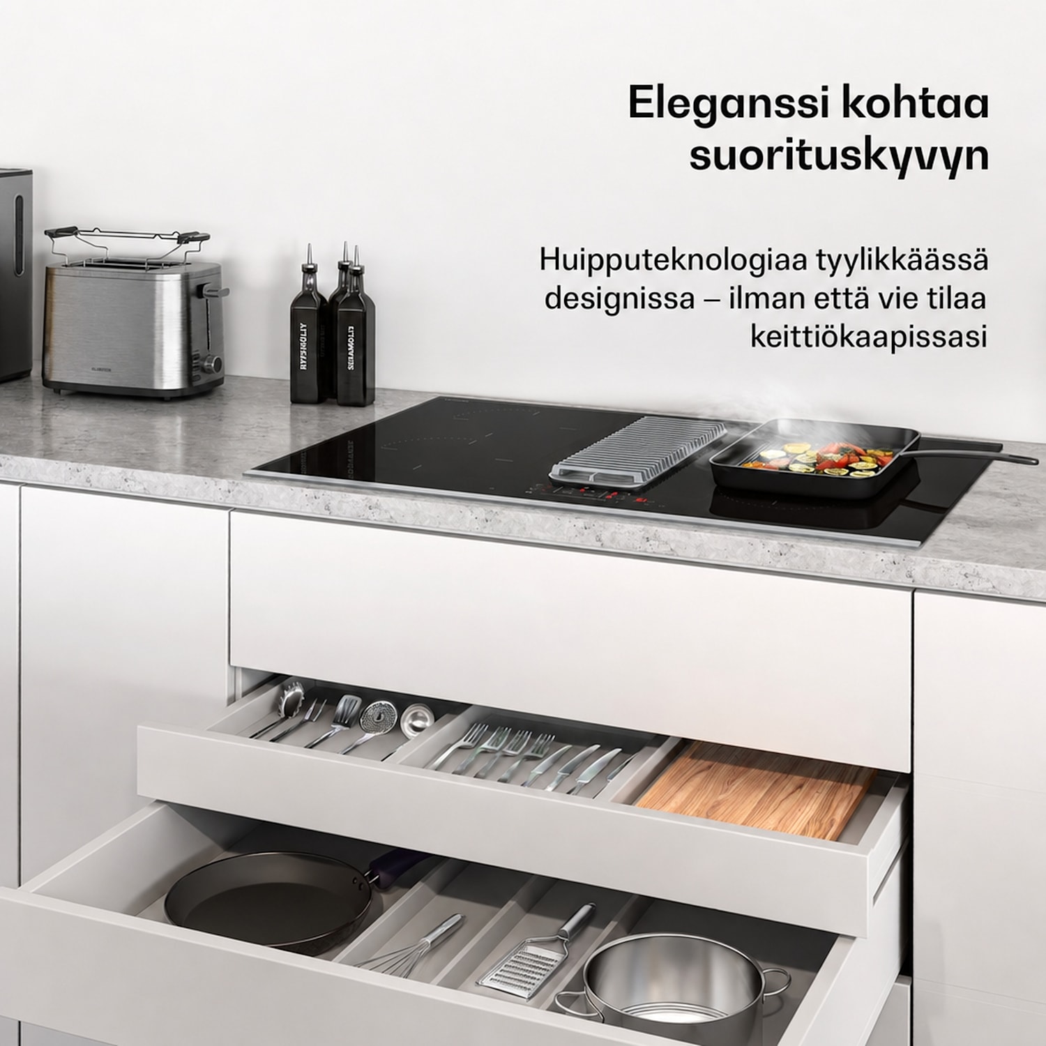 Verosteel induktiokeittotaso integroidulla liesituulettimella, tyylikäs, minimalistinen, tehokas 8400 W 80 cm 
