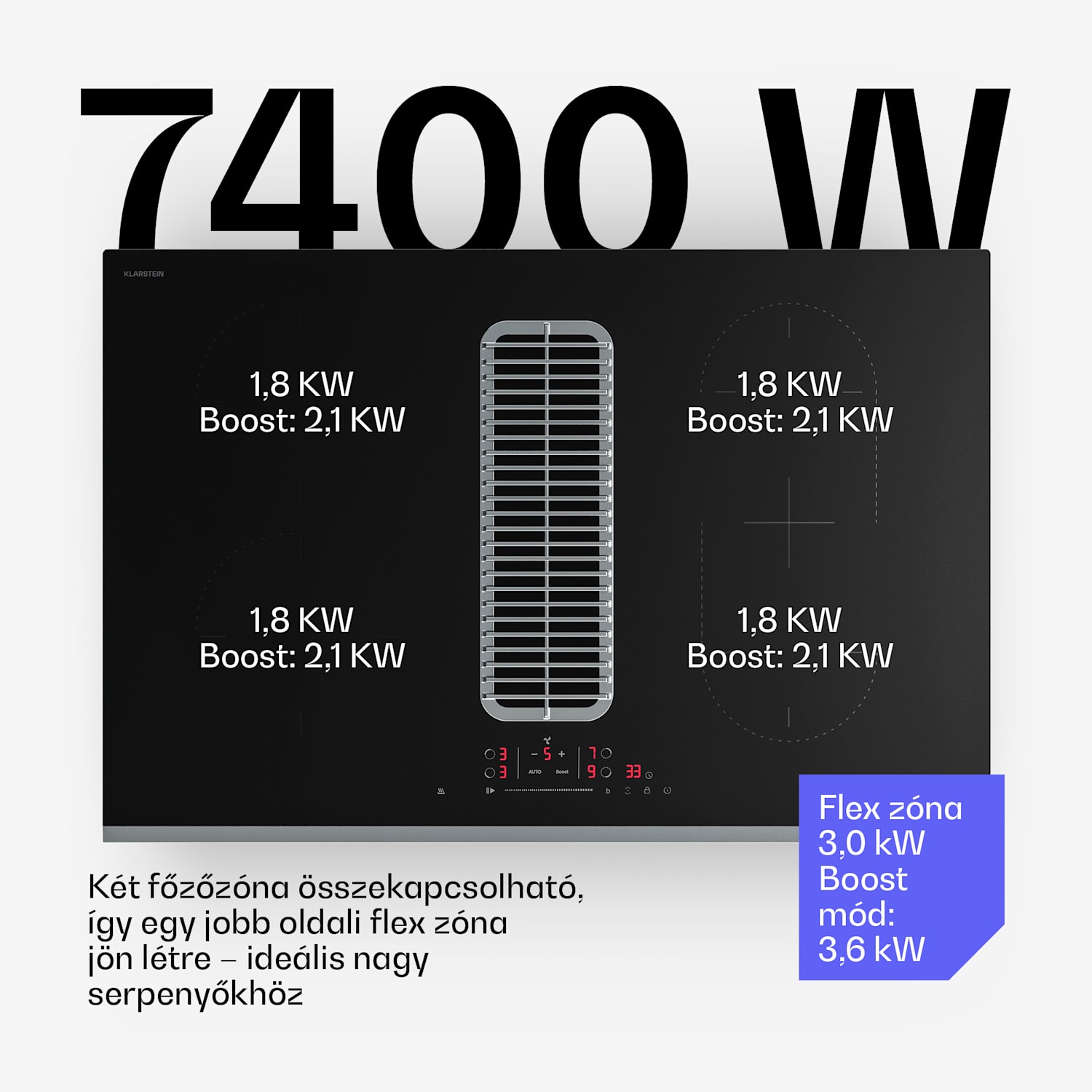 Verosteel indukciós főzőlap beépített páraelszívóval, elegáns, minimalista, 8400W, 80 cm 