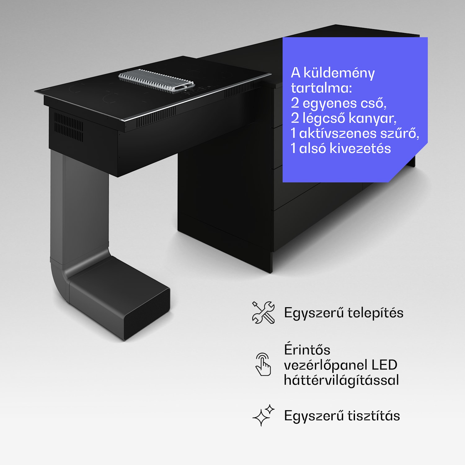 Verosteel indukciós főzőlap beépített páraelszívóval, elegáns, minimalista, 8400W, 80 cm 