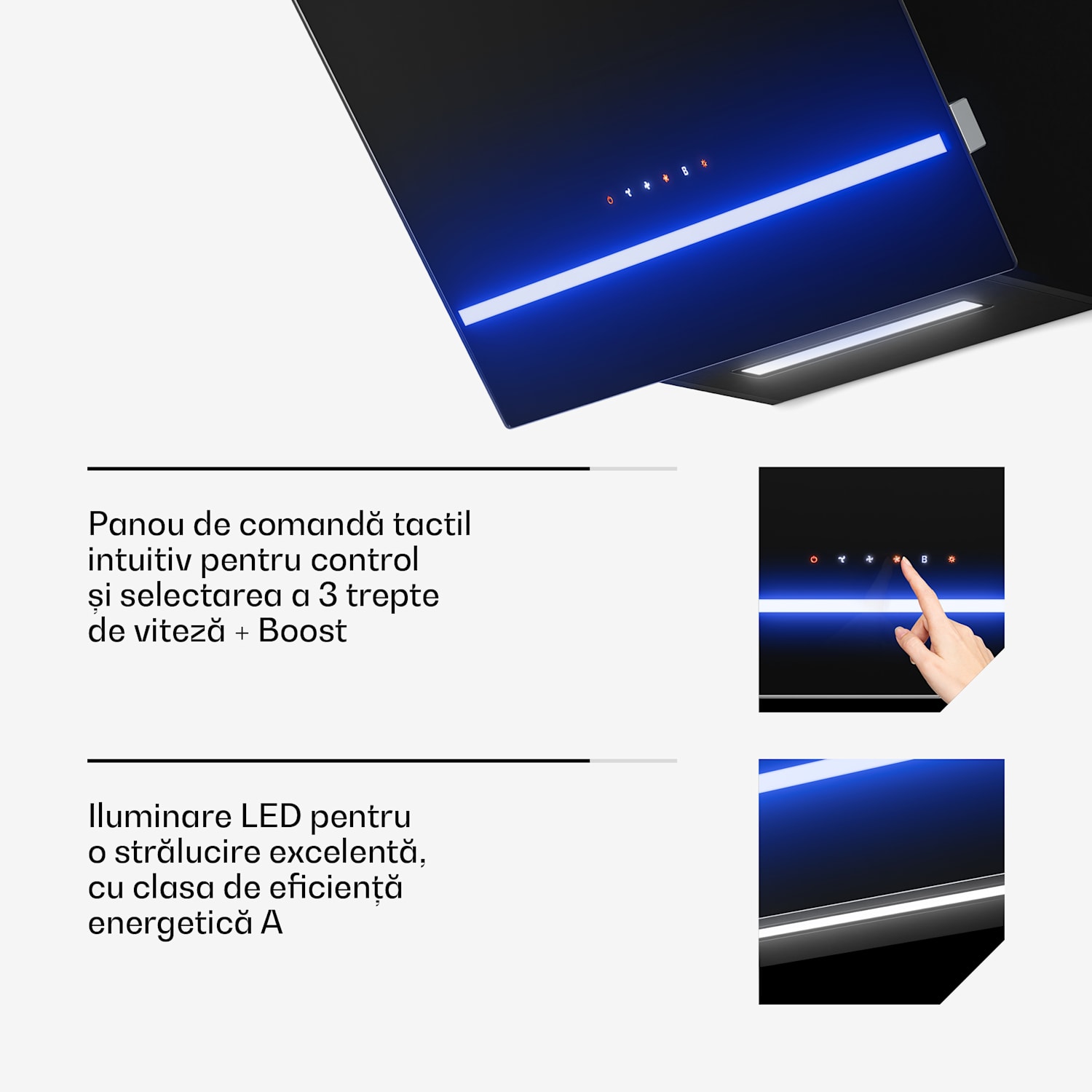 Hotă inclinată Illuminosa | Mod de evacuare și recirculare | Design minimalist | 818 m³/h | 60 cm 60 cm
