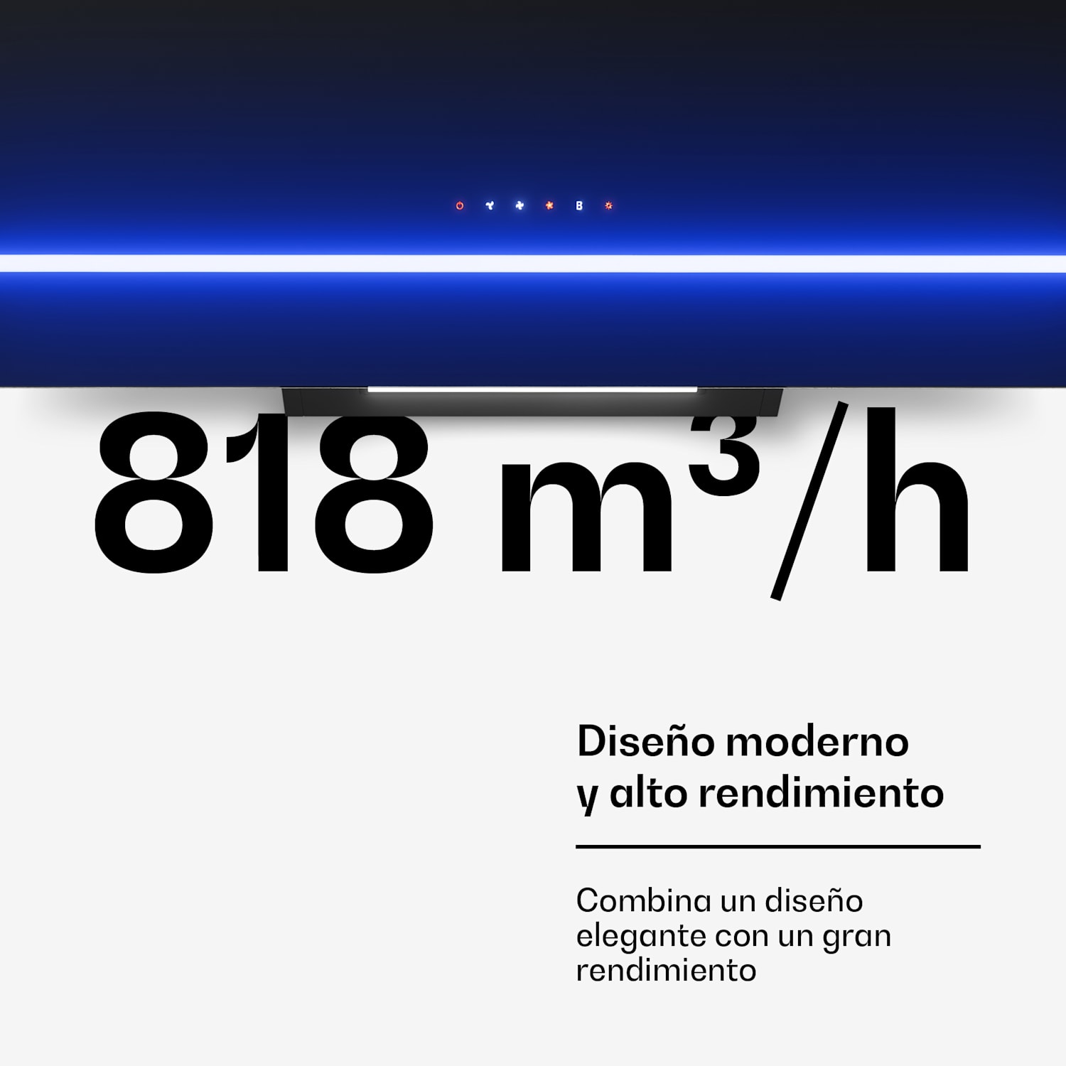 Illuminosa campana inclinada | Modo extracción y recirculación | Minimalista | 818 m³/h | 90 cm 90 cm