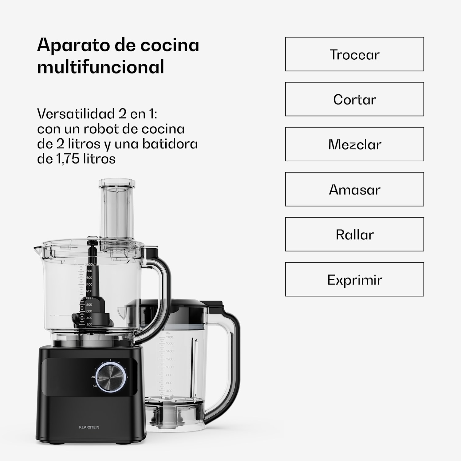 Robot de cocina Velaire con batidora Amasar, Batir & Exprimir 1200 W 2 l Robot de cocina/1,75 l Batidora 