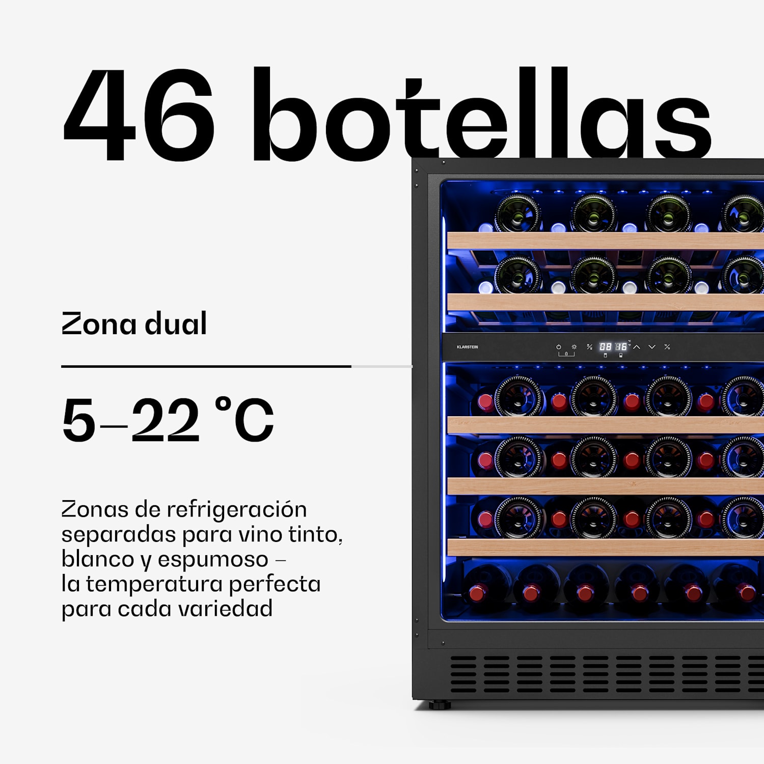 Illuminosa frigorífico para vino integrable | Zona dual | 129 litros | 46 botellas | 60 cm 46 botellas