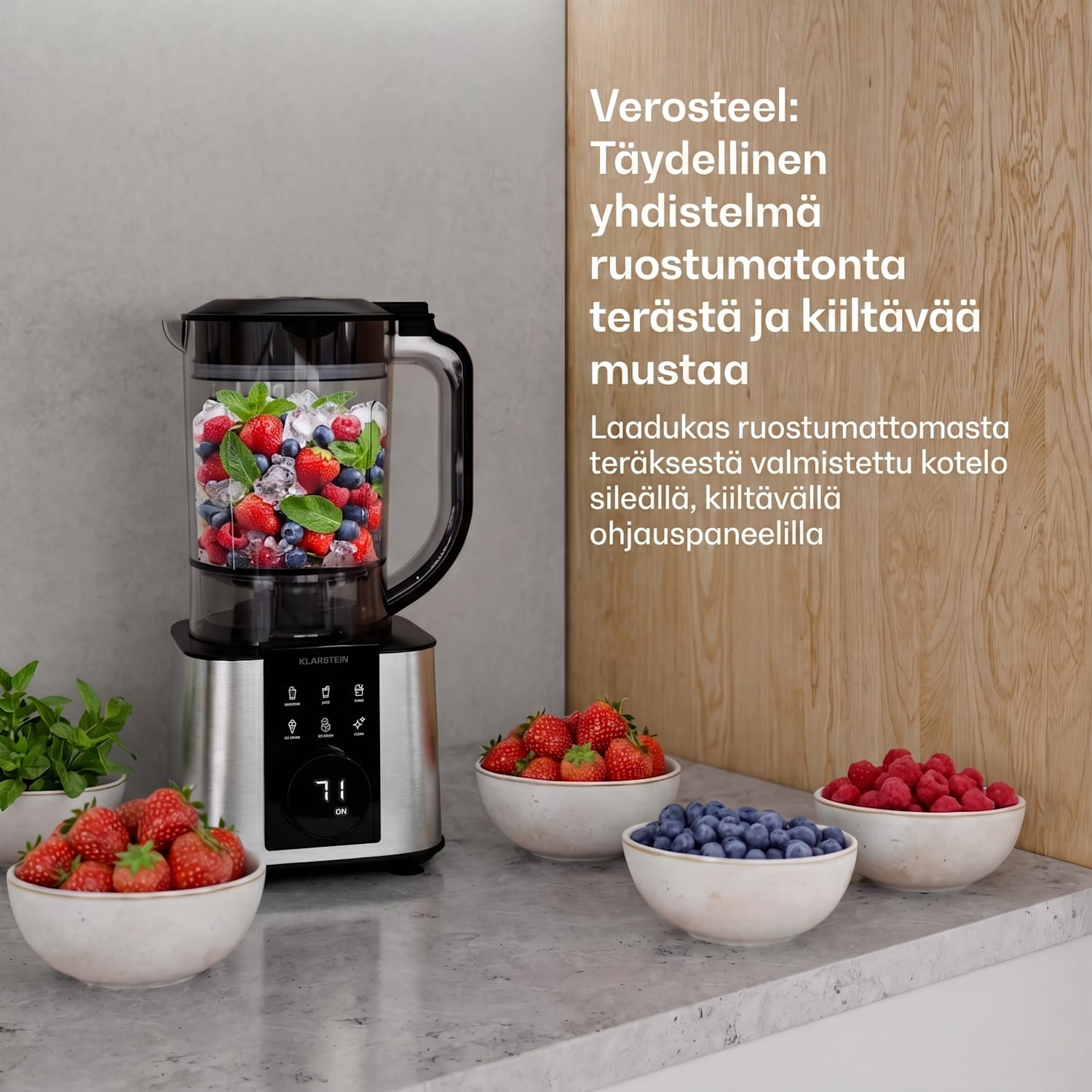 Verosteel monitoimikone sekoittimella | Vaivaus, vaahdotus & mehunpuristus | 1200 W | 2 L/1,75 L Hopea