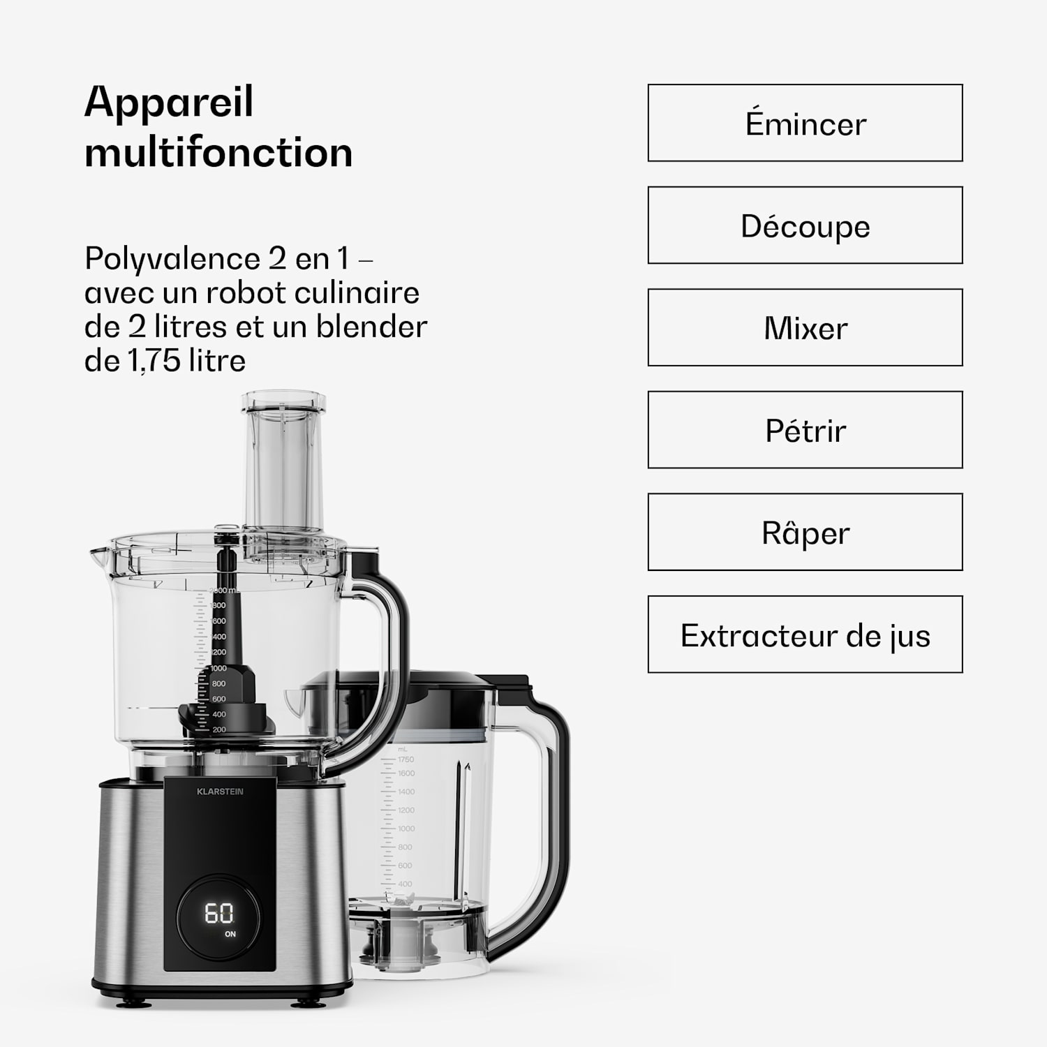 Verosteel Robot culinaire avec batteur | Pétrir, fouetter et extraire le jus | 1200 W | 2 L/1,75 L Argent