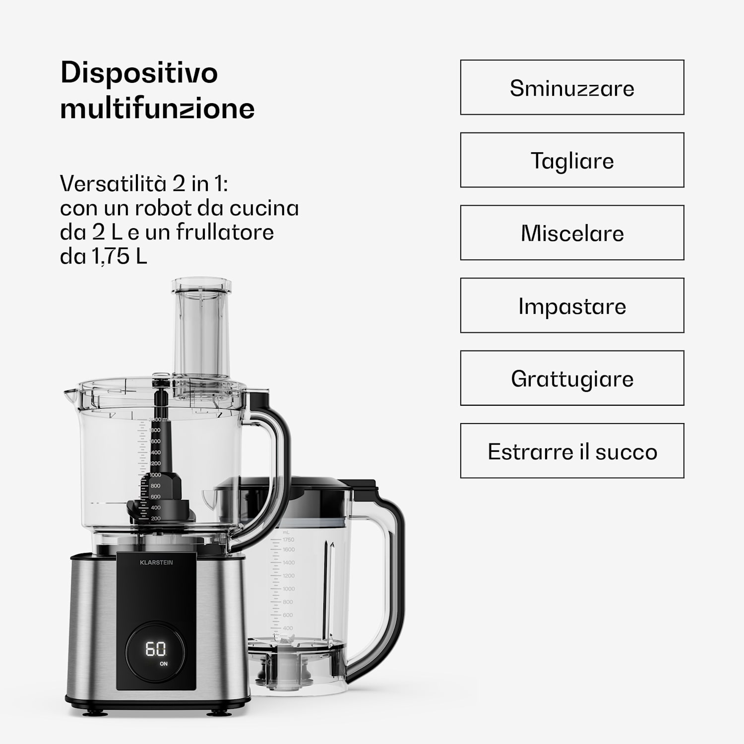 Verosteel - Robot da cucina con frullatore | Impastare, montare & spremere |1200 W | 2 L/1,75 L Argento