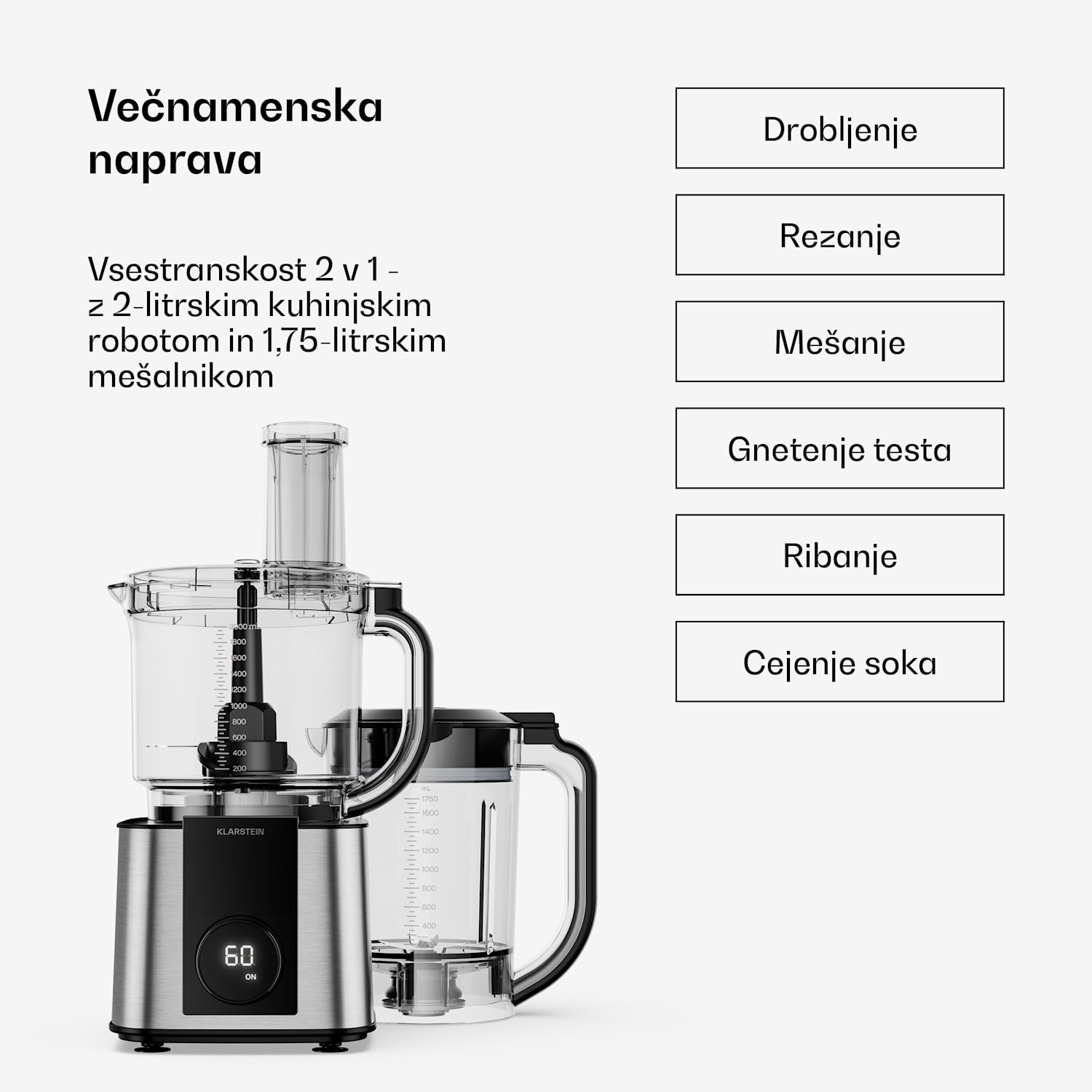 Verosteel kuhinjski robot z mešalnikom | gnetenje, stepanje in stiskanje soka | 1200 W | 2 l / 1,75 l Srebrna