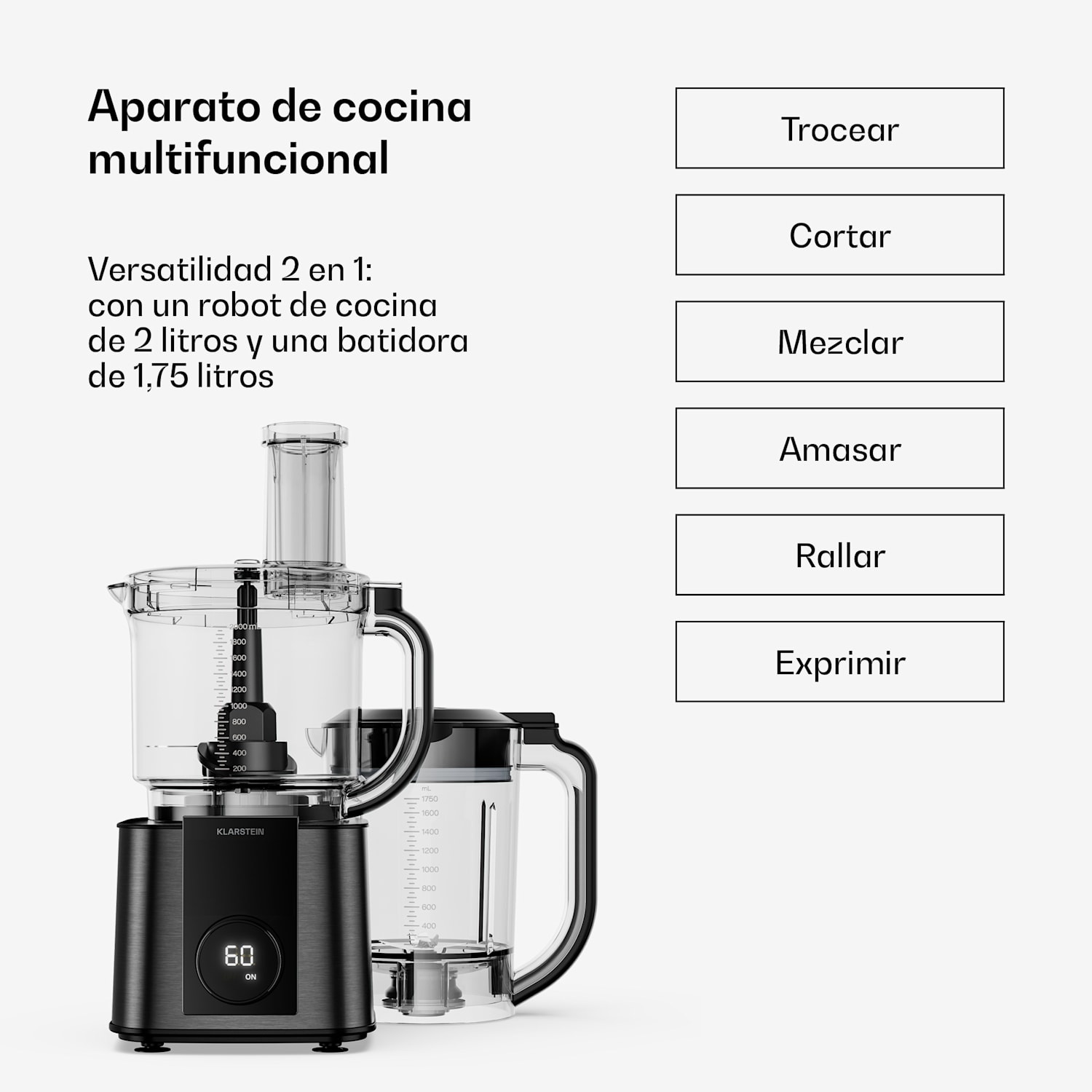 Robot de cocina Verosteel con batidora | Amasar, batir y exprimir | 1200 W | 2 L/1,75 L Negro