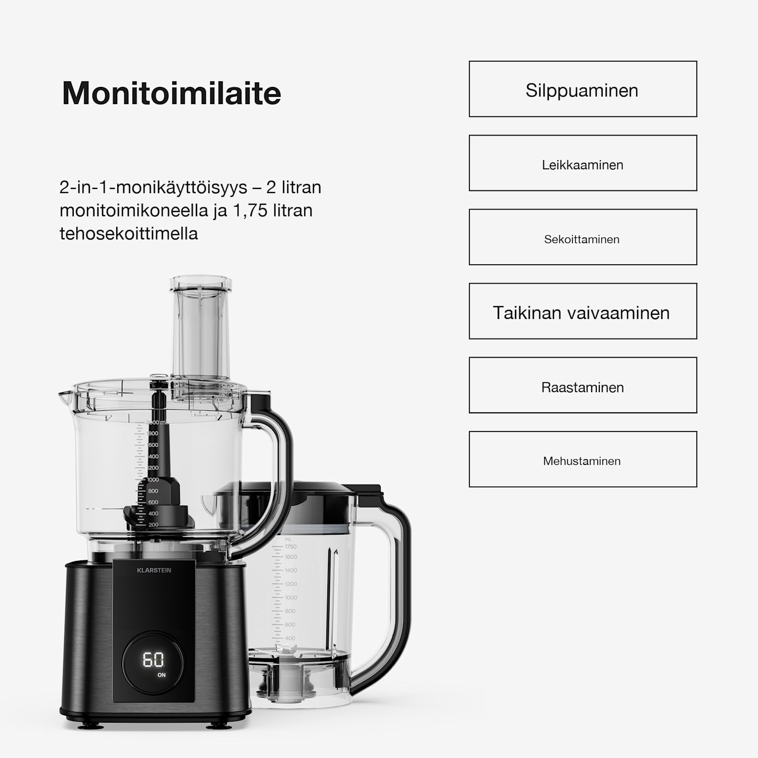 Verosteel monitoimikone sekoittimella | Vaivaus, vatkaus & mehunpuristus | 1200 W | 2 L/1,75 L Musta