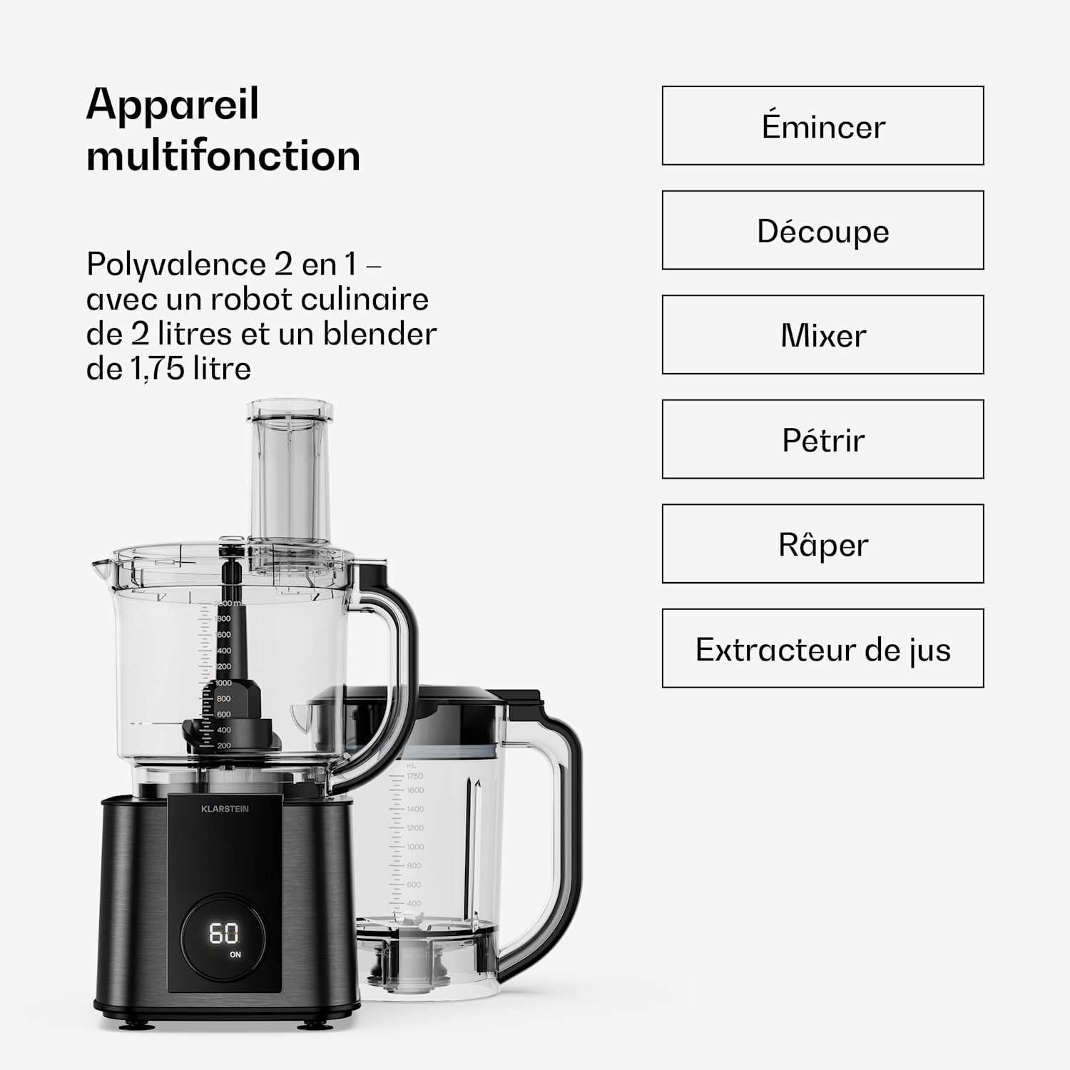 Verosteel Robot culinaire avec batteur | Pétrir, fouetter et extraire le jus | 1200 W | 2 L/1,75 L Noir
