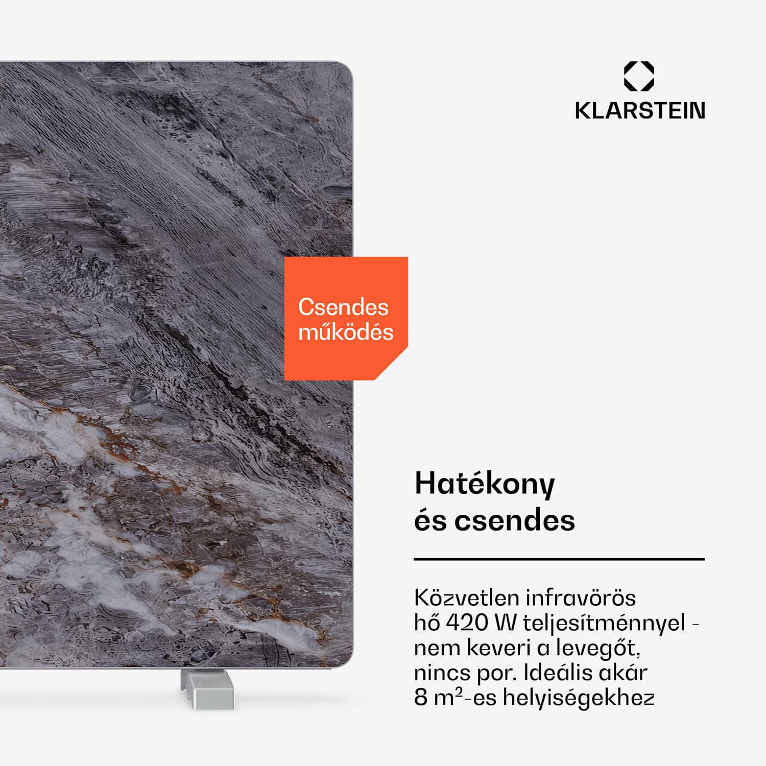 MarmoHeat infravörös panel | 420 W | 6 - 12 m² | márvány design | 70 cm x 63 cm 420 W | Szürke