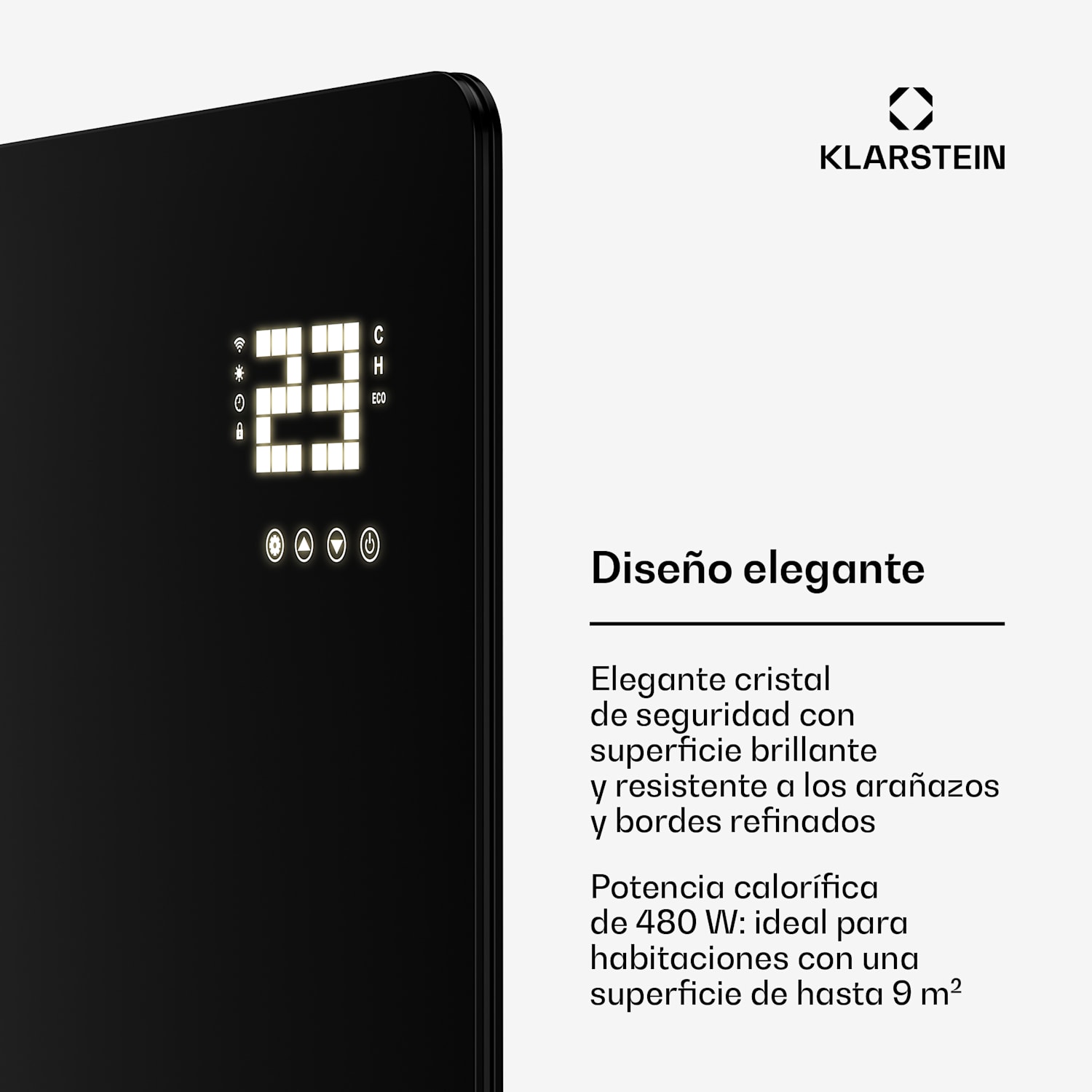 Wonderglass panel infrarrojo | 480 W | 7 - 14 m² | Diseño moderno de vidrio | 90 cm x 58 cm 480 W | Negro