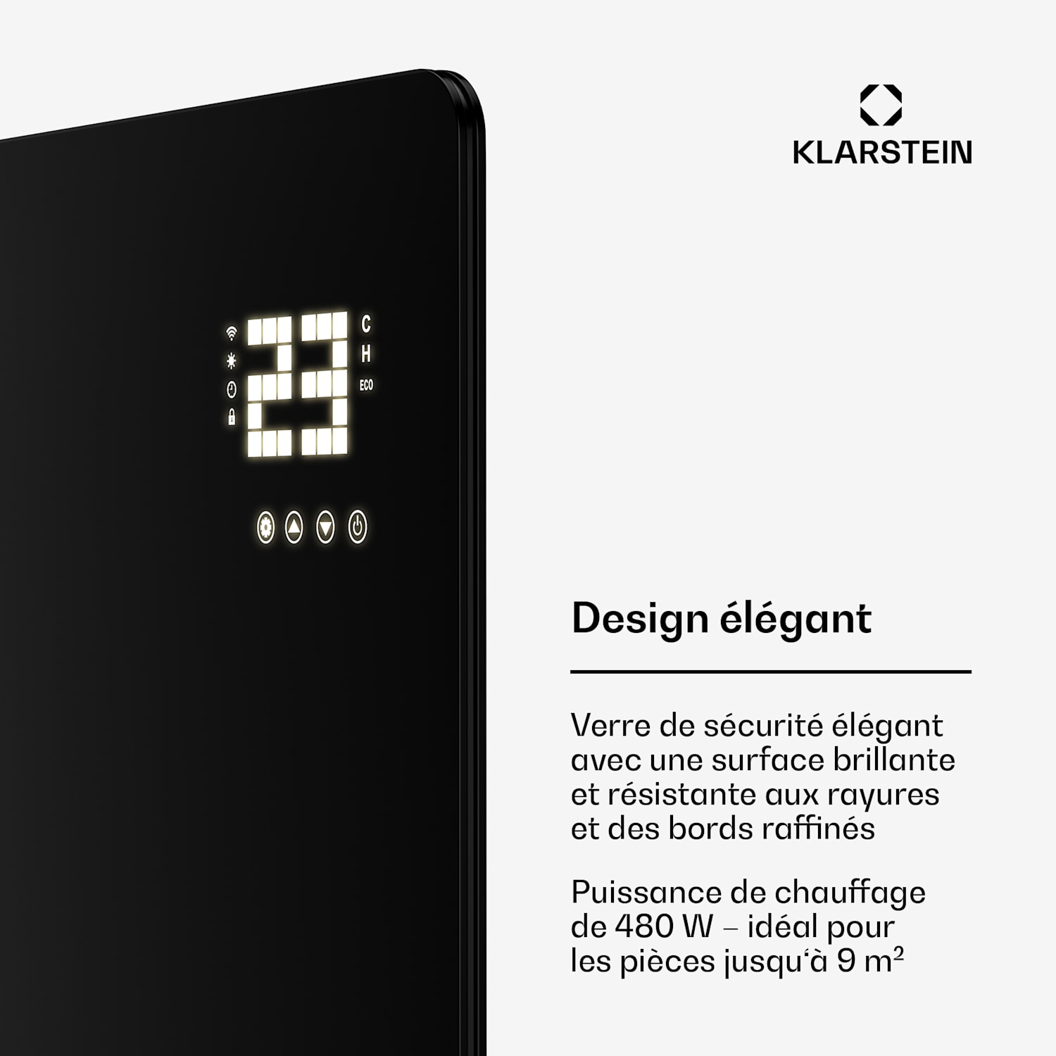Wonderglass panneau infrarouge | 480 W | 7 - 14 m² | Design moderne en verre | 90 cm x 58 cm 480 W | Noir