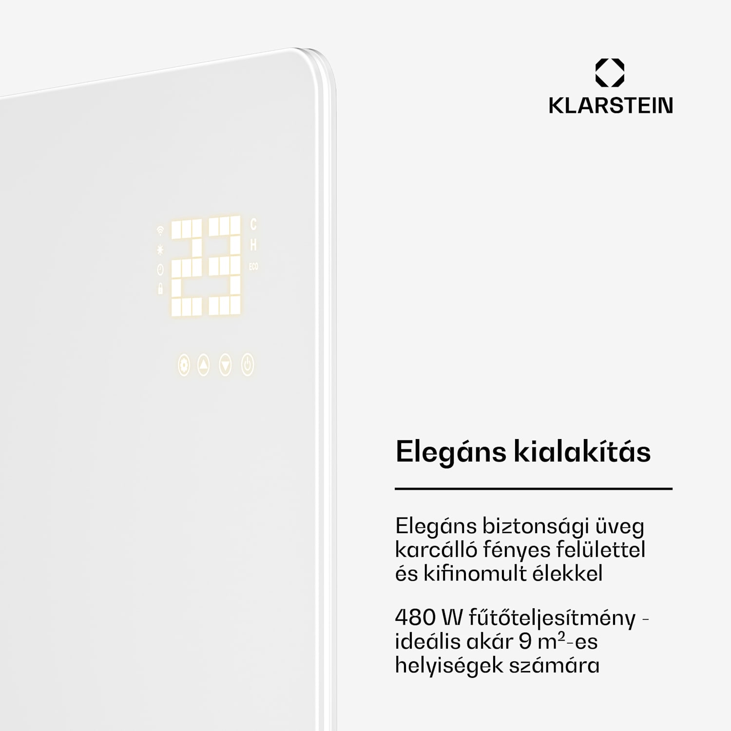 Wonderglass infravörös panel | 480 W | 7 - 14 m² | Modern üveg design | 90 cm x 58 cm 480 W | Fehér