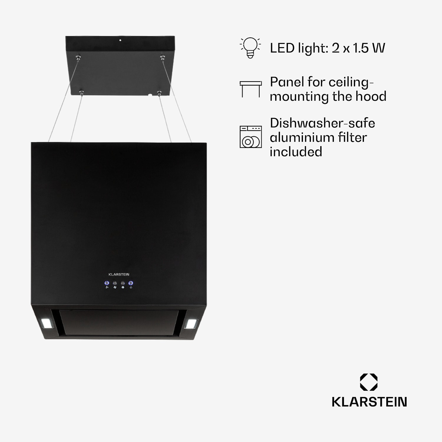 Kronleuchter, Island Extractor Hood, 596m³/h LED Panel, Energy Efficiency Class A 40 cm | Black