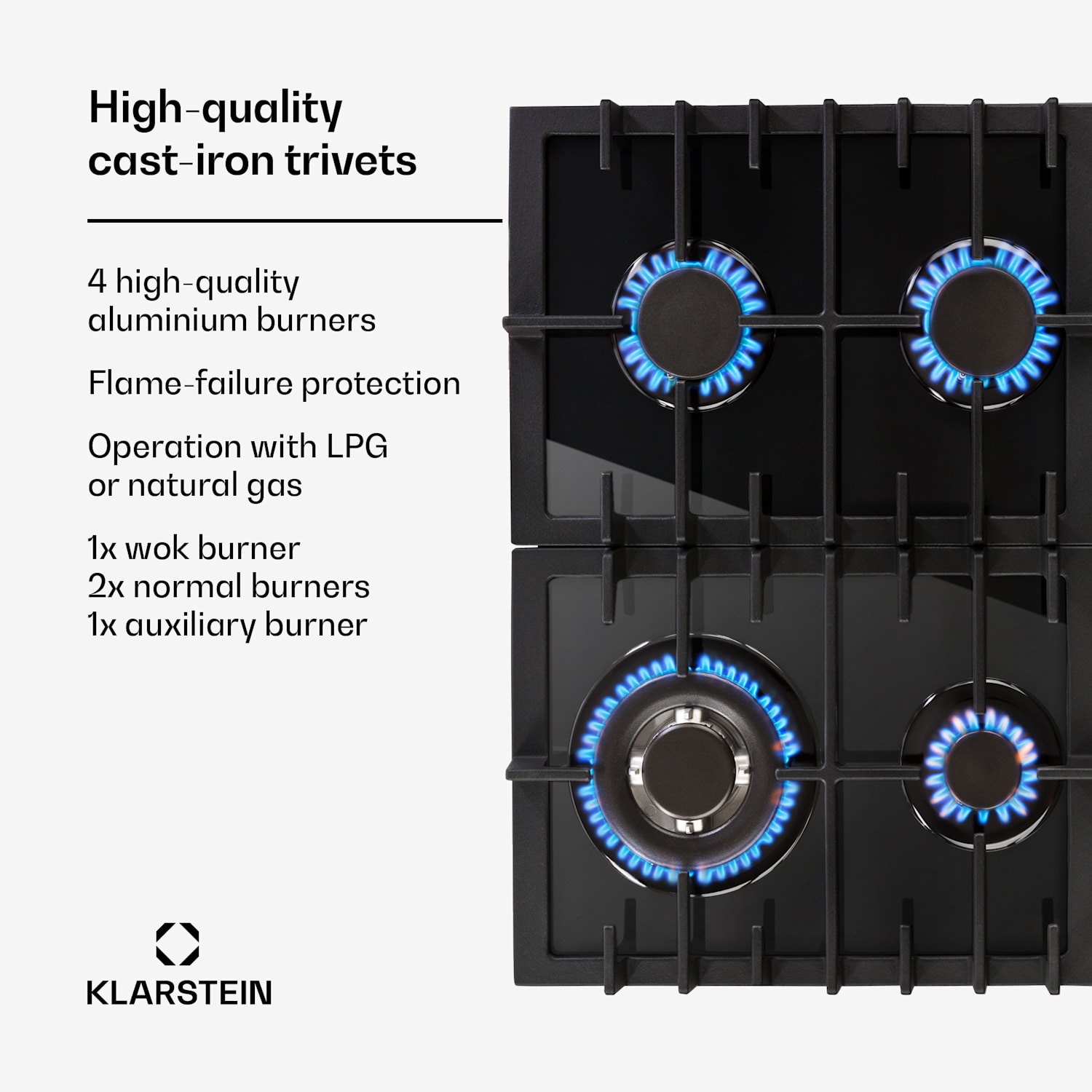 Ignito 4 Zone Gas Hob 4-Burner Burner Glass Ceramic Black 60 cm | Black