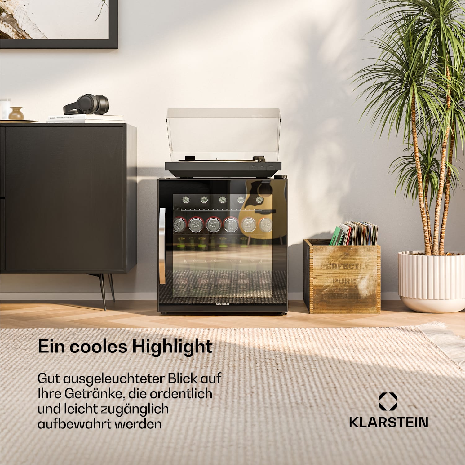 Beersafe - Frigorifero per bevande con sportello in vetro a specchio | 44 x 48 cm | Illuminazione LED interna 47 Ltr | Nero