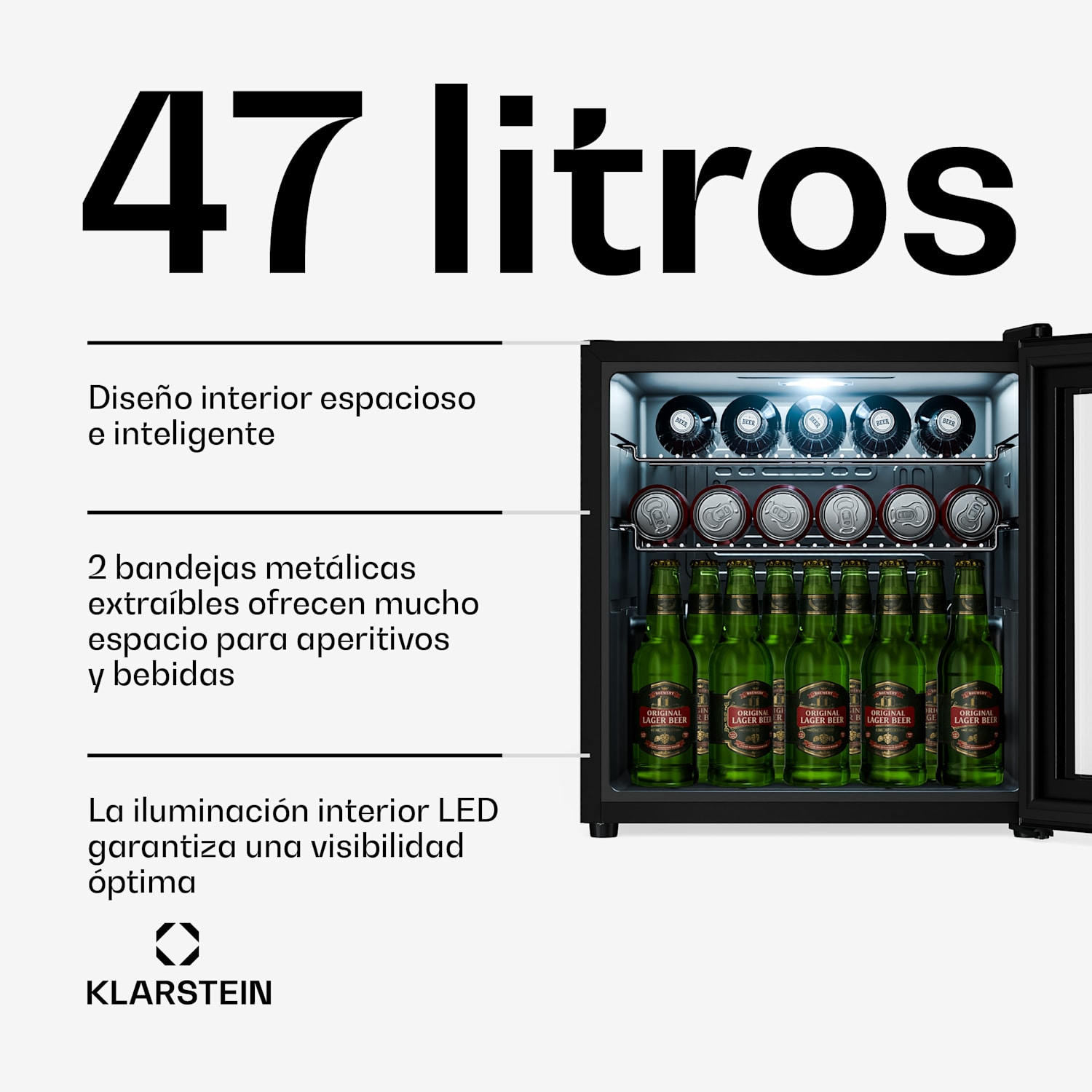 Beersafe nevera para bebidas con puerta de espejo | 44 x 48 cm | Iluminación interior LED 47 L | Negro