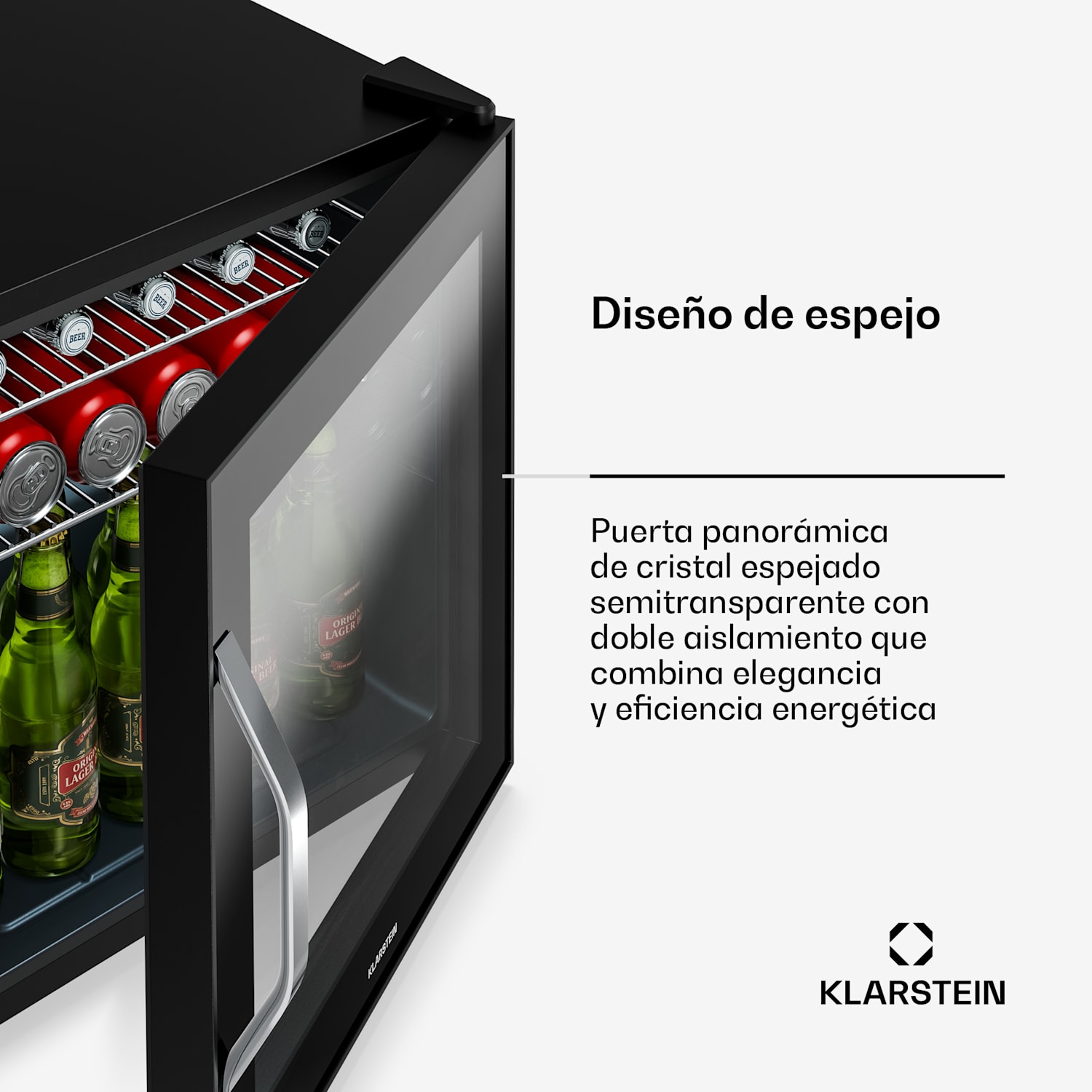 Beersafe nevera para bebidas con puerta de espejo | 44 x 48 cm | Iluminación interior LED 47 L | Negro