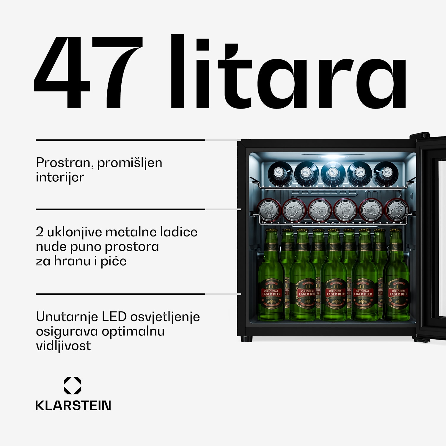 Hladnjak za pića Beersafe s vratima od zrcalnog stakla | 44 x 48 cm | Unutarnje LED osvjetljenje 47 Ltr | Crna