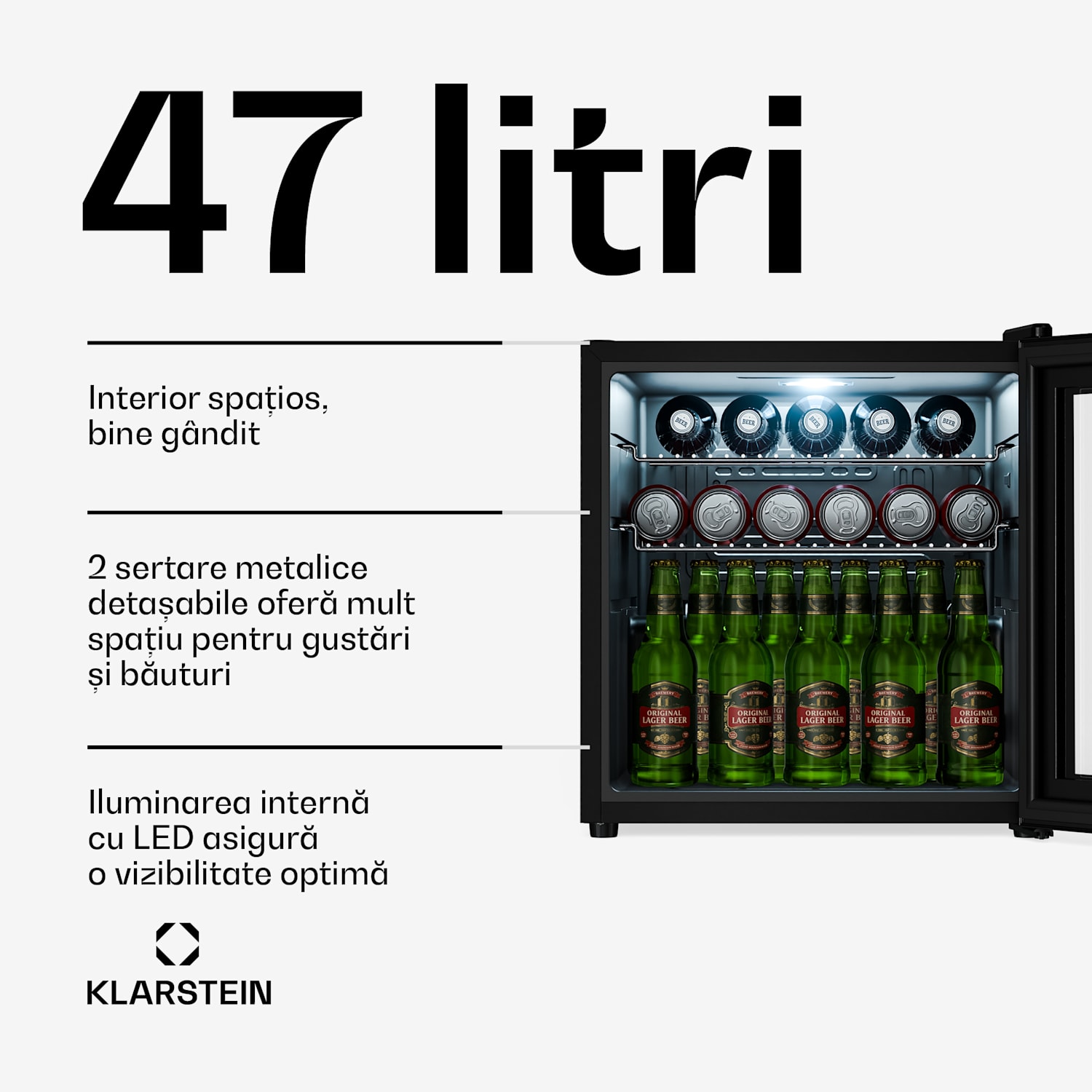 Frigider pentru băuturi Beersafe cu ușă din sticlă oglindită | 44 x 48 cm | Iluminare interioară cu LED 47 Ltr | Negru