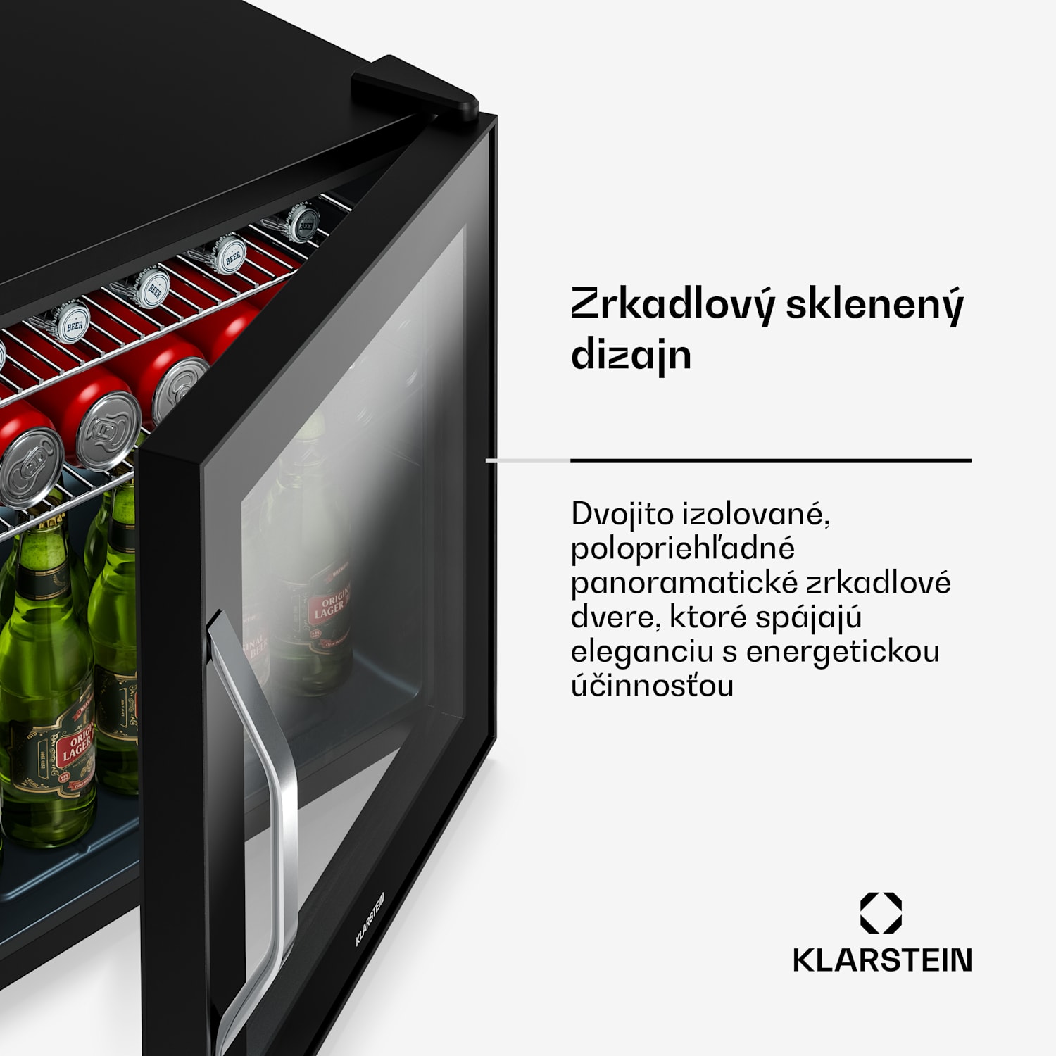 Beersafe chladnička na nápoje so zrkadlovými sklenenými dverami | 44 x 48 cm | Vnútorné LED osvetlenie 47 litrov | Čierna