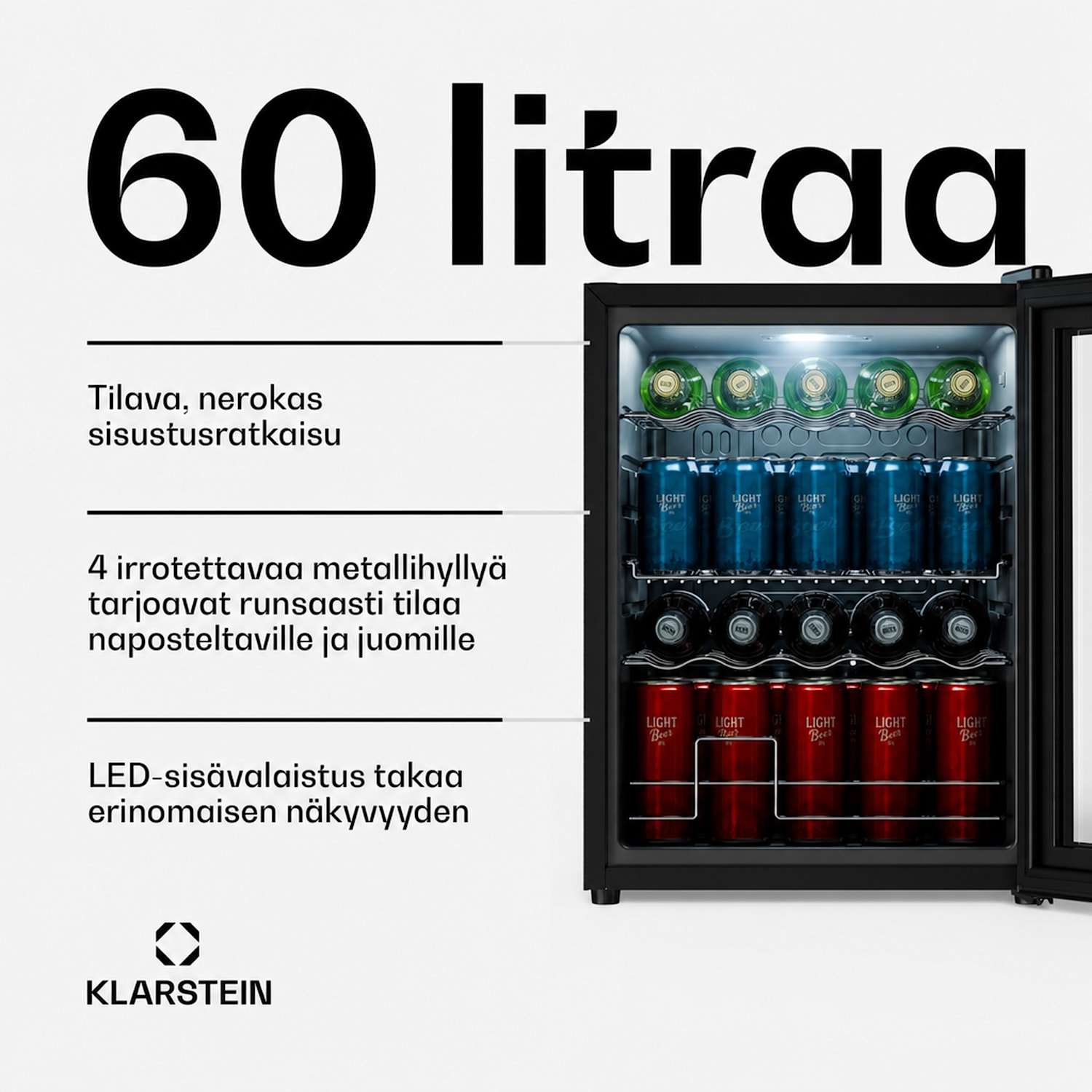 Beersafe juomajääkaappi peililasiseinällä | 64 x 48 cm | LED-sisävalaistus 60 l | Musta