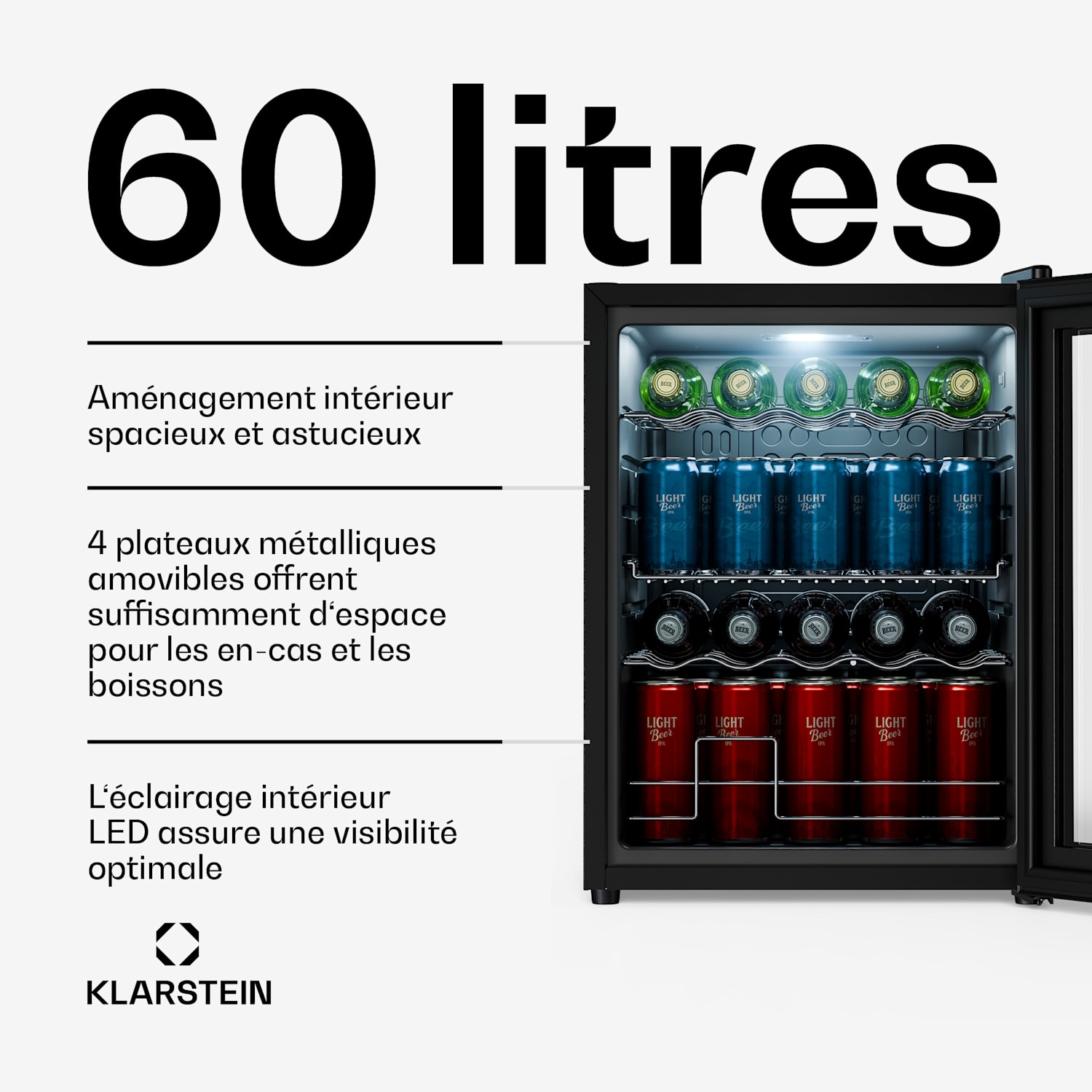 Beersafe réfrigérateur à boissons avec porte vitrée miroir | 64 x 48 cm | éclairage intérieur LED 60 L | Noir