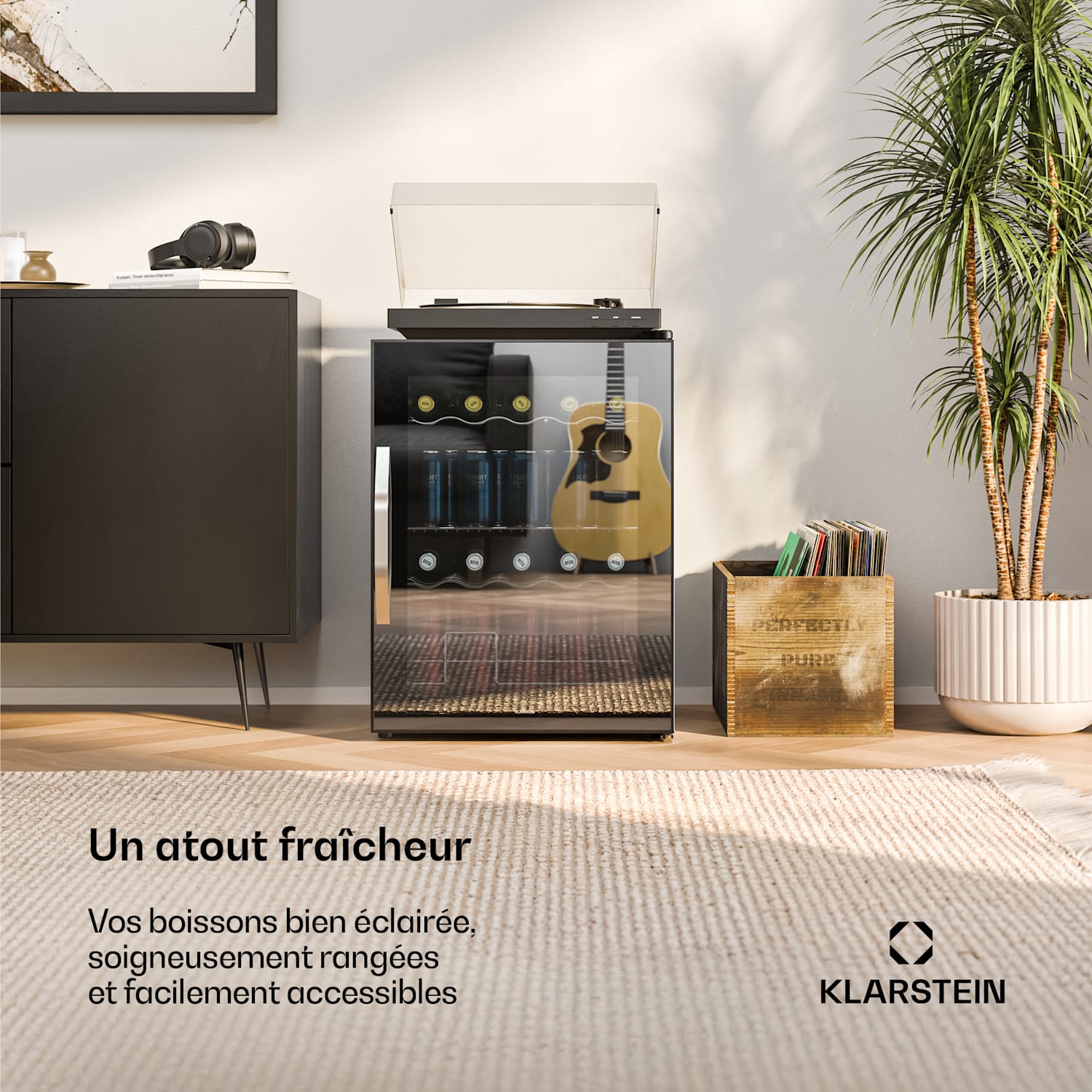 Beersafe réfrigérateur à boissons avec porte vitrée miroir | 64 x 48 cm | éclairage intérieur LED 60 L | Noir