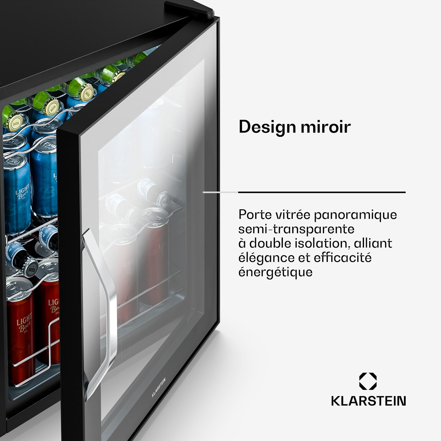 Beersafe réfrigérateur à boissons avec porte vitrée miroir | 64 x 48 cm | éclairage intérieur LED 60 L | Noir