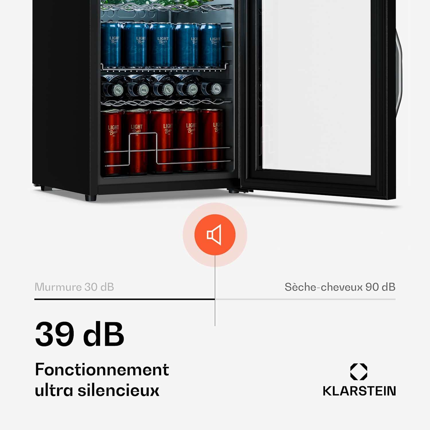 Beersafe réfrigérateur à boissons avec porte vitrée miroir | 64 x 48 cm | éclairage intérieur LED 60 L | Noir