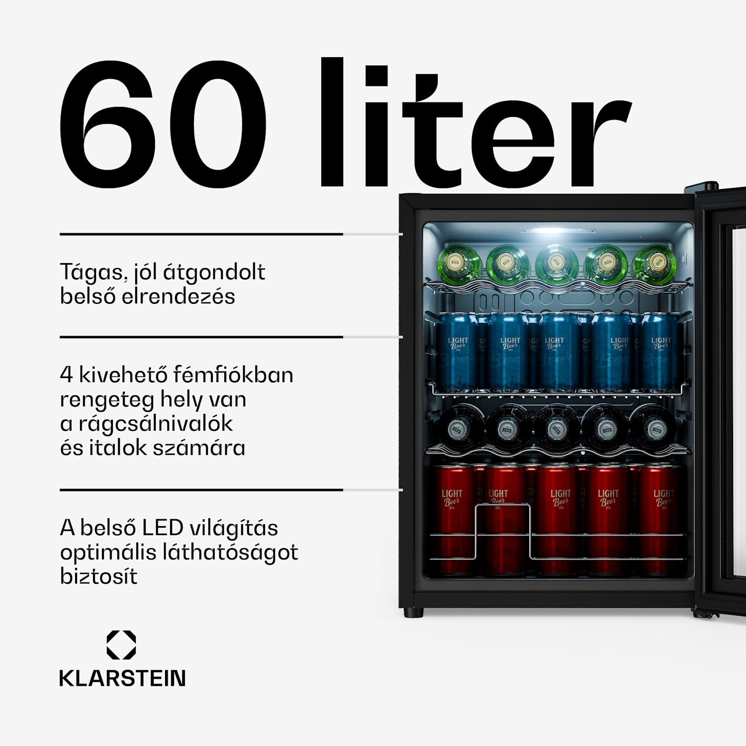 Beersafe italhűtő tükrös üvegajtóval | 64 x 48 cm | LED-es belső világítás 60_ltr | Fekete