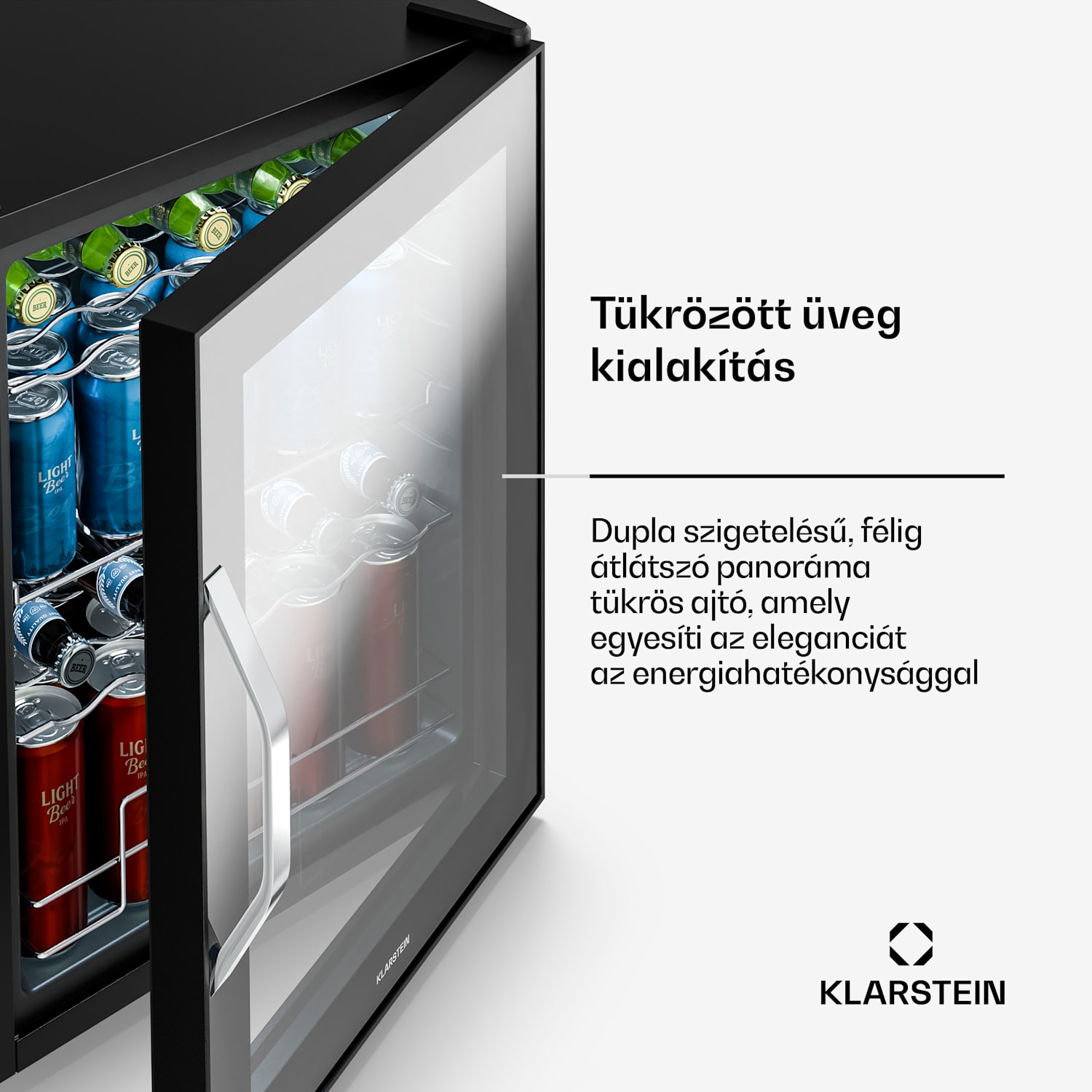 Beersafe italhűtő tükrös üvegajtóval | 64 x 48 cm | LED-es belső világítás 60_ltr | Fekete