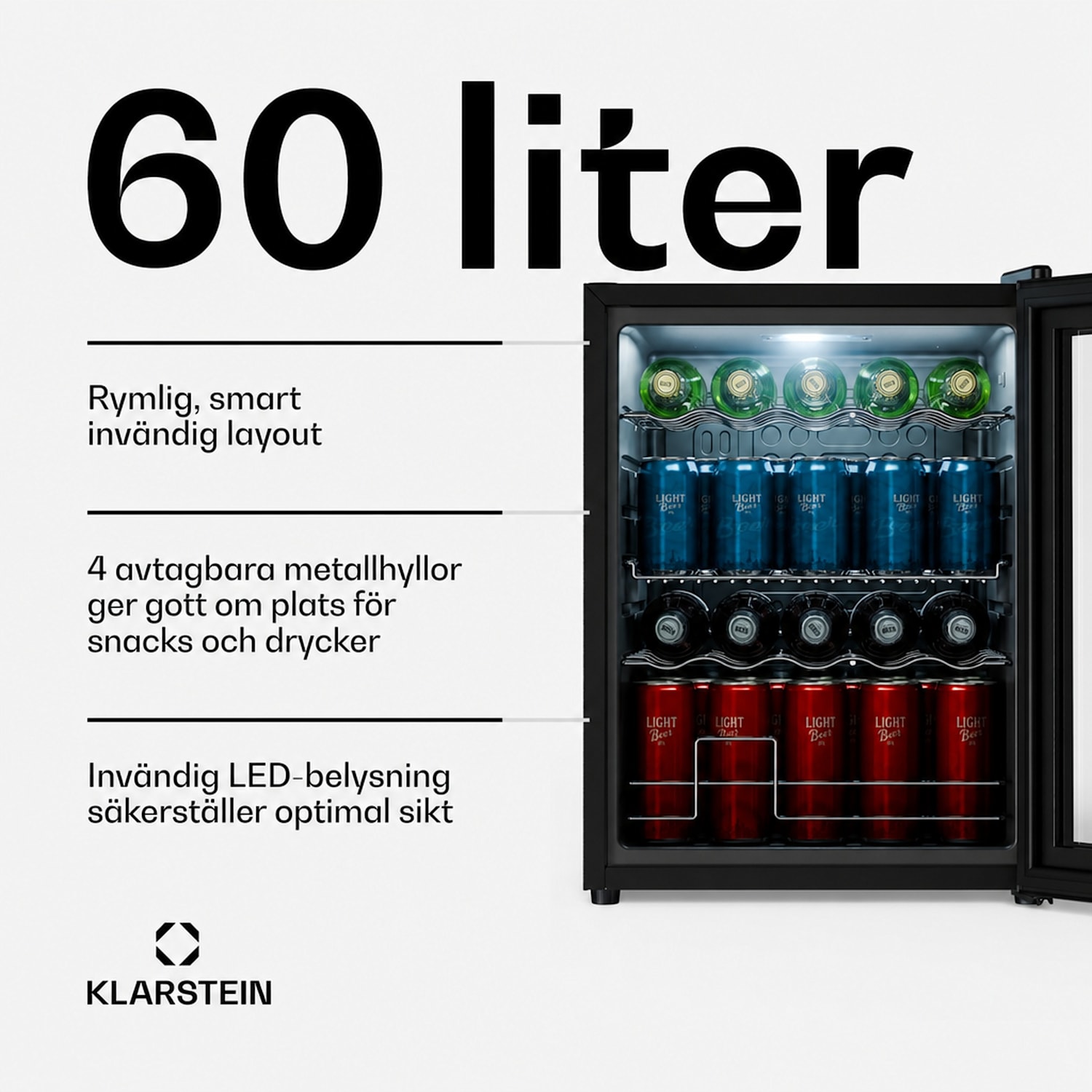 Beersafe dryckeskyl med spegelglasdörr | 64 x 48 cm | LED-inomhusbelysning 60 l | Svart