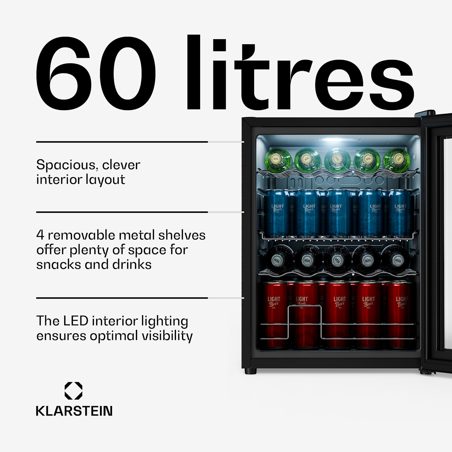 Refrigerador de bebidas Beersafe com porta de vidro espelhado | 64 x 48 cm | Iluminação interior LED 60 L | Preto