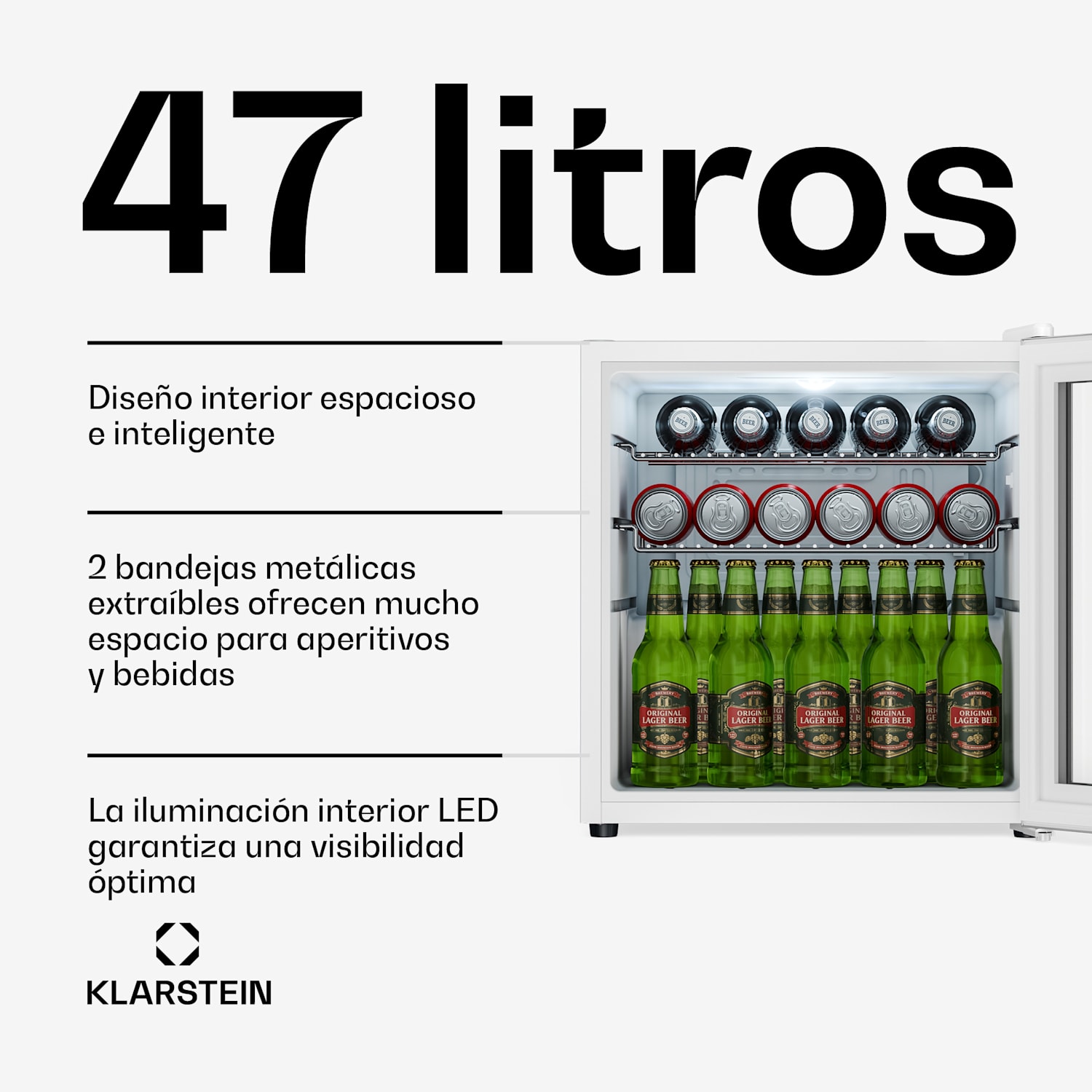 Beersafe nevera para bebidas con puerta de cristal | 44 x 48 cm | Iluminación interior LED | Plata-Blanco 47 L | Plata | Blanco