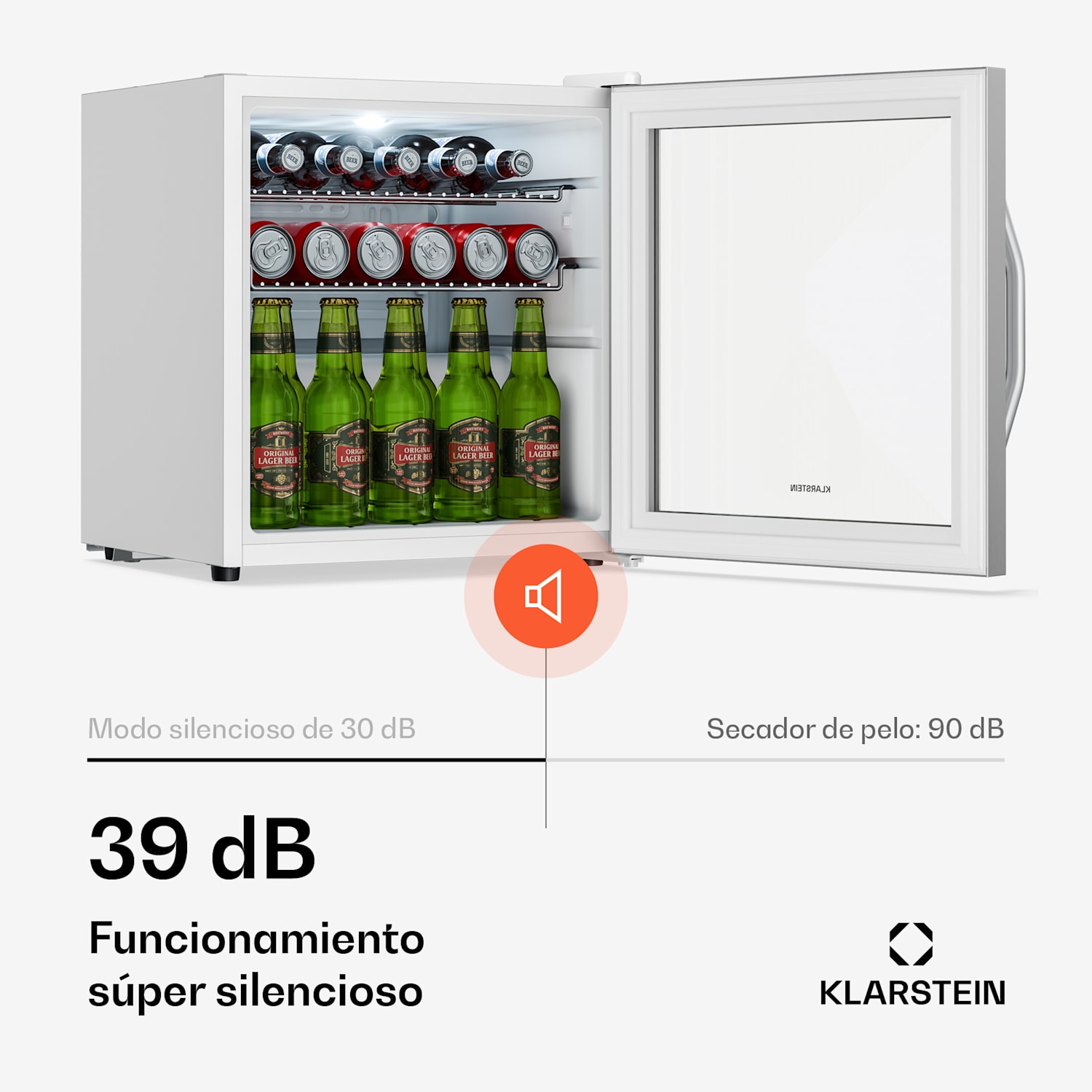 Beersafe nevera para bebidas con puerta de cristal | 44 x 48 cm | Iluminación interior LED | Plata-Blanco 47 L | Plata | Blanco