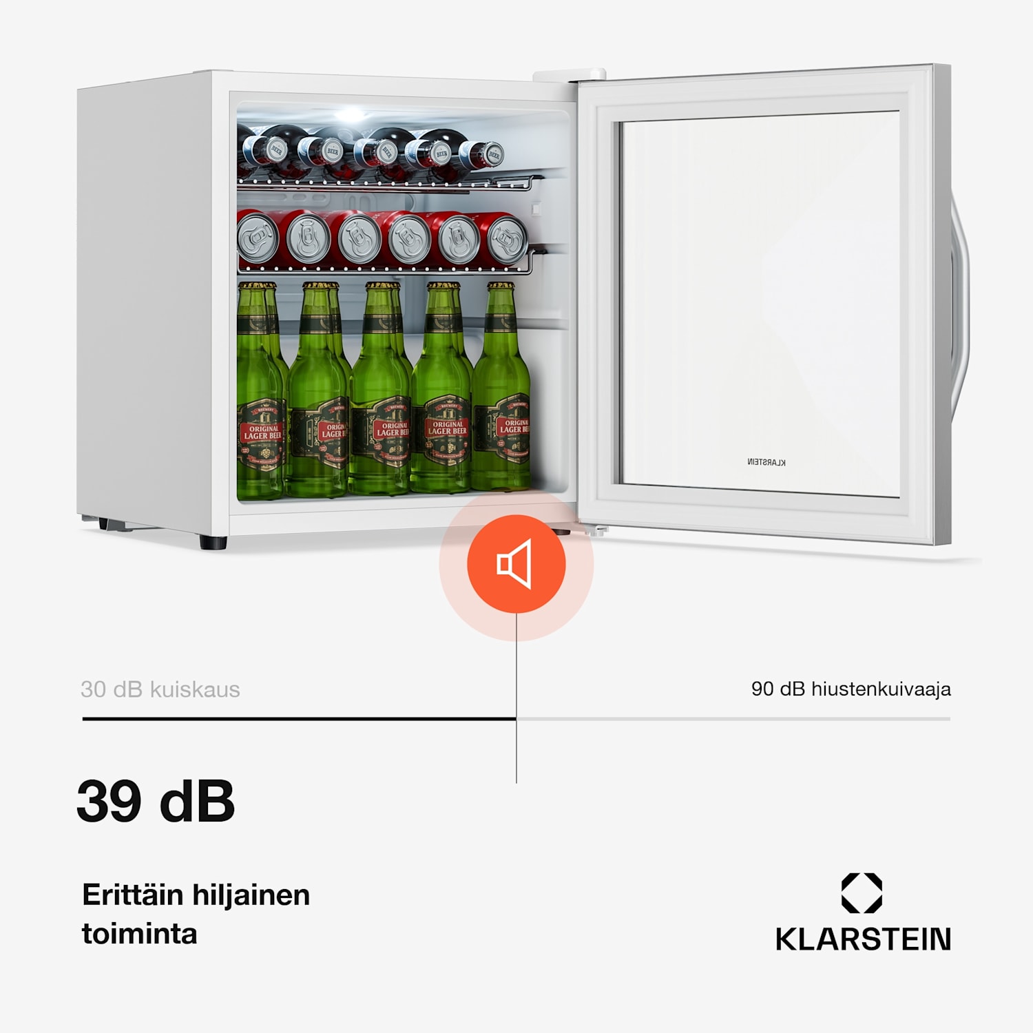 Beersafe juomajääkaappi lasiovella | 44 x 48 cm | LED-sisävalo | Hopea-valkoinen 47 L | Valkoinen | Hopea