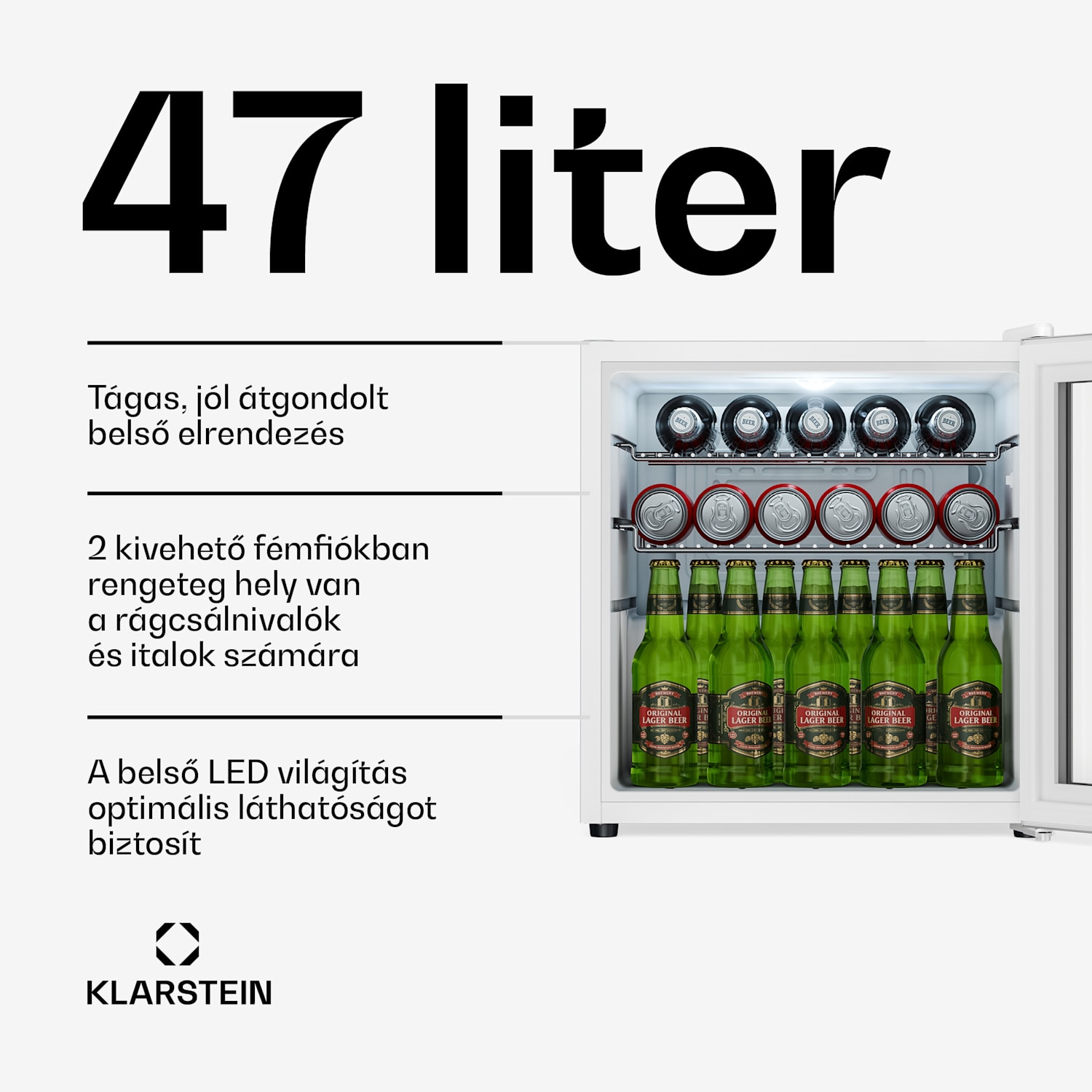 Beersafe italhűtő üvegajtóval | 44 x 48 cm | LED-es belső világítás | Ezüst-fehér 47 Ltr | Ezüst | Fehér