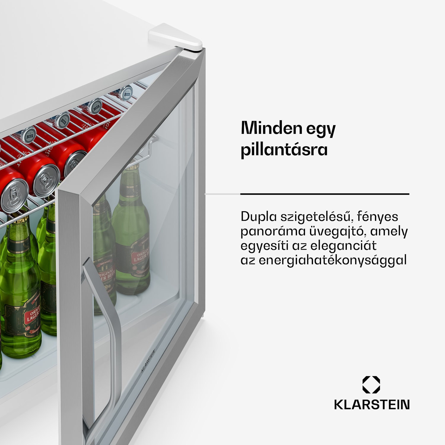 Beersafe italhűtő üvegajtóval | 44 x 48 cm | LED-es belső világítás | Ezüst-fehér 47 Ltr | Ezüst | Fehér