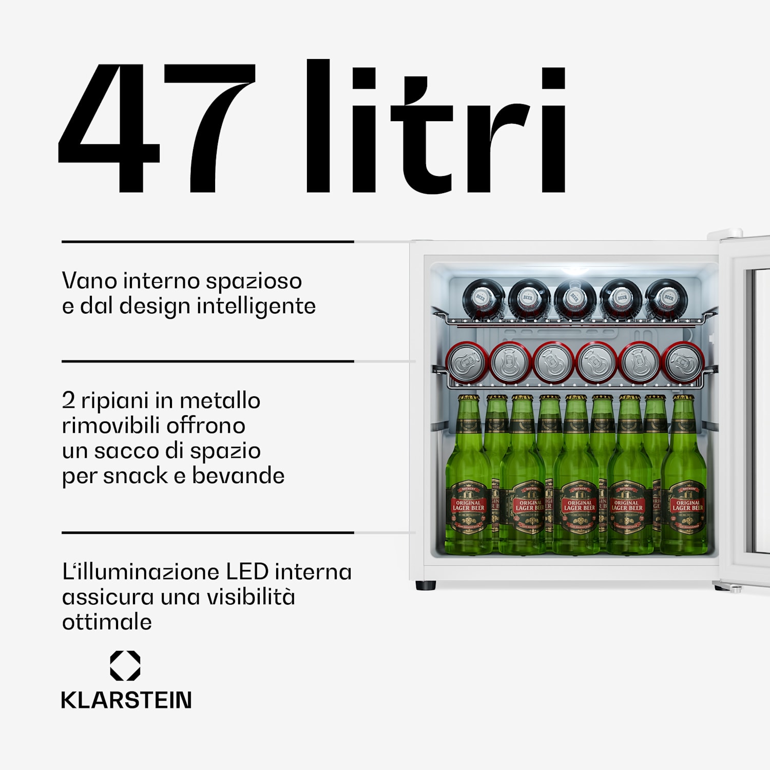 Beersafe - Frigorifero per bevande con sportello in vetro | 44 x 48 cm | Illuminazione LED interna | Argento-bianco 47 Ltr | Argento | Bianco