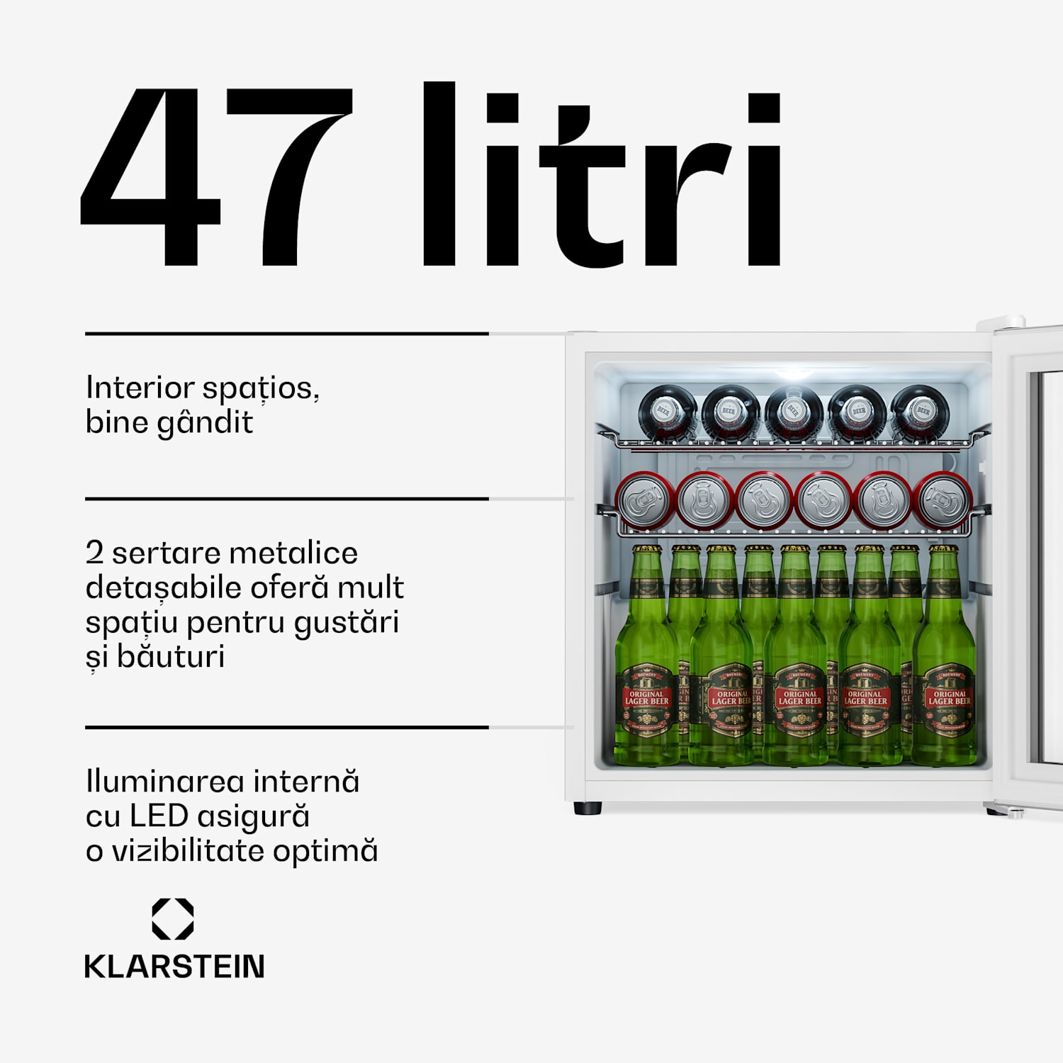 Beersafe frigider pentru băuturi cu uși din sticlă | 44 x 48 cm | Iluminare interioară LED | Argintiu-alb 47 Ltr | Argintiu | Alb