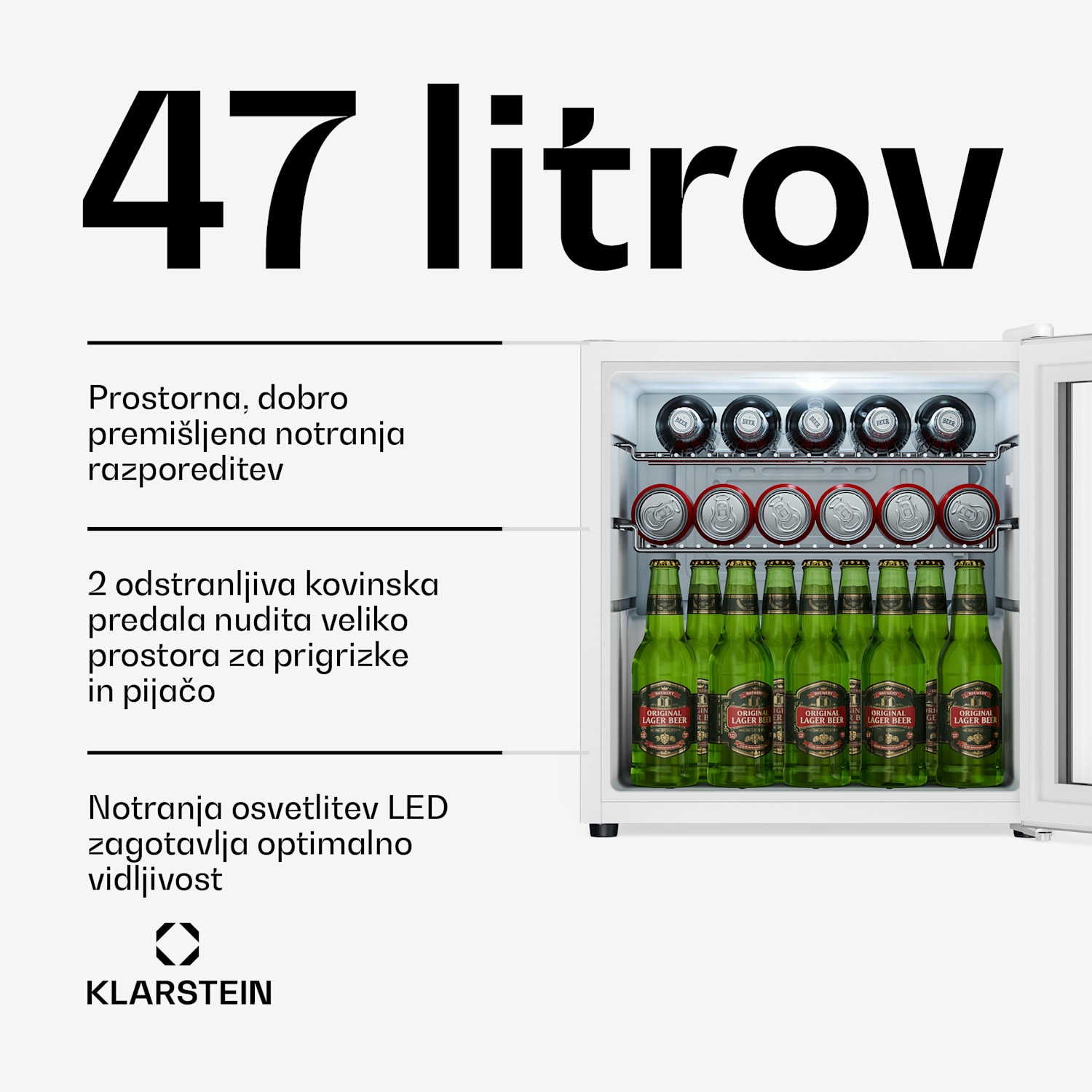 Beersafe hladilnik za pijačo s steklenimi vrati | 44 x 48 cm | Notranja LED osvetlitev 47 Ltr | Srebrna | Bela