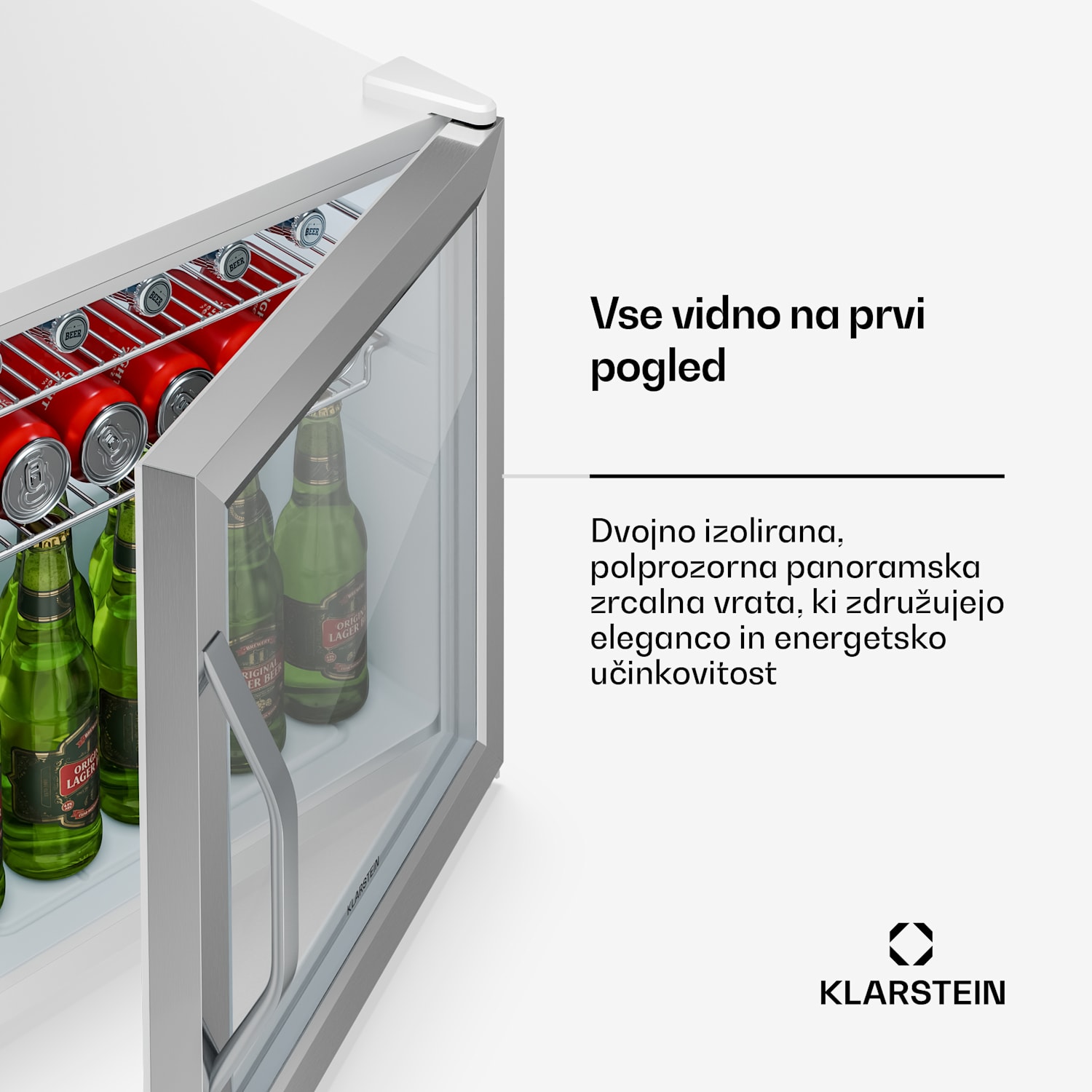 Beersafe hladilnik za pijačo s steklenimi vrati | 44 x 48 cm | Notranja LED osvetlitev 47 Ltr | Srebrna | Bela