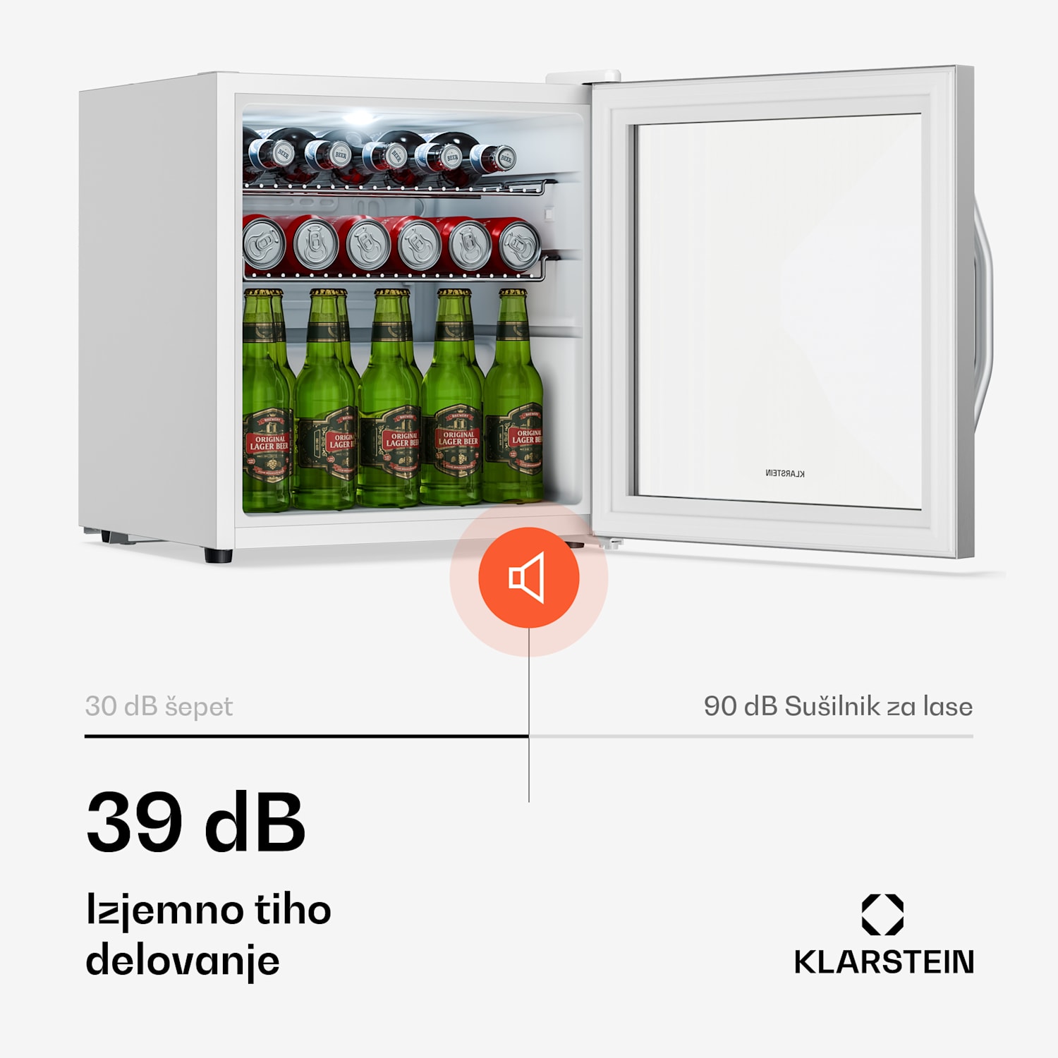 Beersafe hladilnik za pijačo s steklenimi vrati | 44 x 48 cm | Notranja LED osvetlitev 47 Ltr | Srebrna | Bela