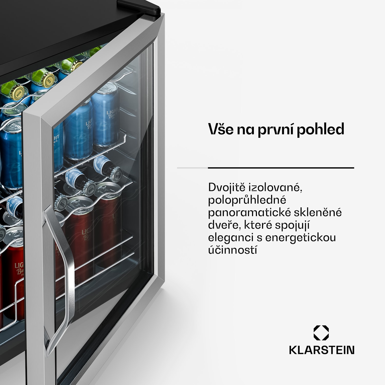 Chladnička na nápoje Beersafe se zrcadlovými skleněnými dveřmi | 64 x 48 cm | Vnitřní LED osvětlení | Stříbrno-černá 60 litrů | Stříbrná | Černá