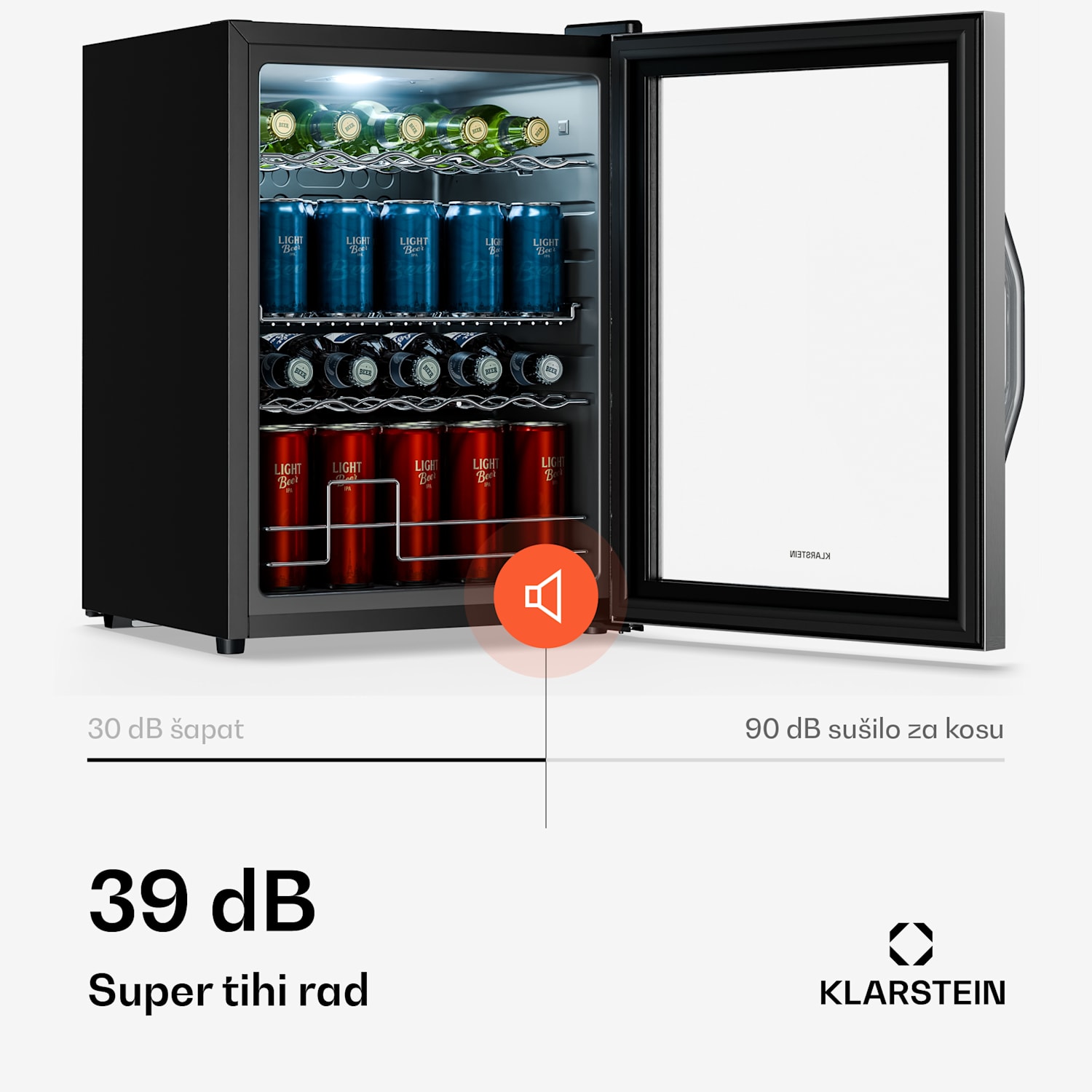 Hladnjak za pića Beersafe s vratima od zrcalnog stakla | 64 x 48 cm | Unutarnje LED osvjetljenje | Srebrno-crna 60 Ltr | Srebro | Crna