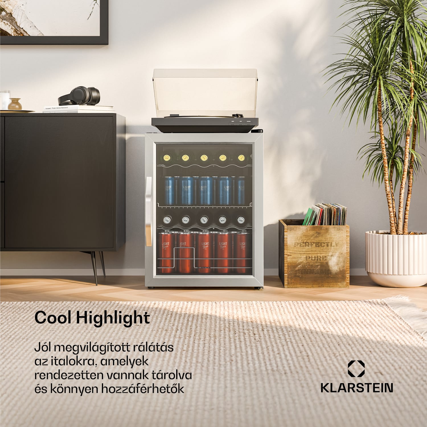 Beersafe italhűtő üvegajtóval | 64 x 48 cm | LED-es belső világítás | Ezüst-fekete 60 Ltr | Ezüst | Fekete